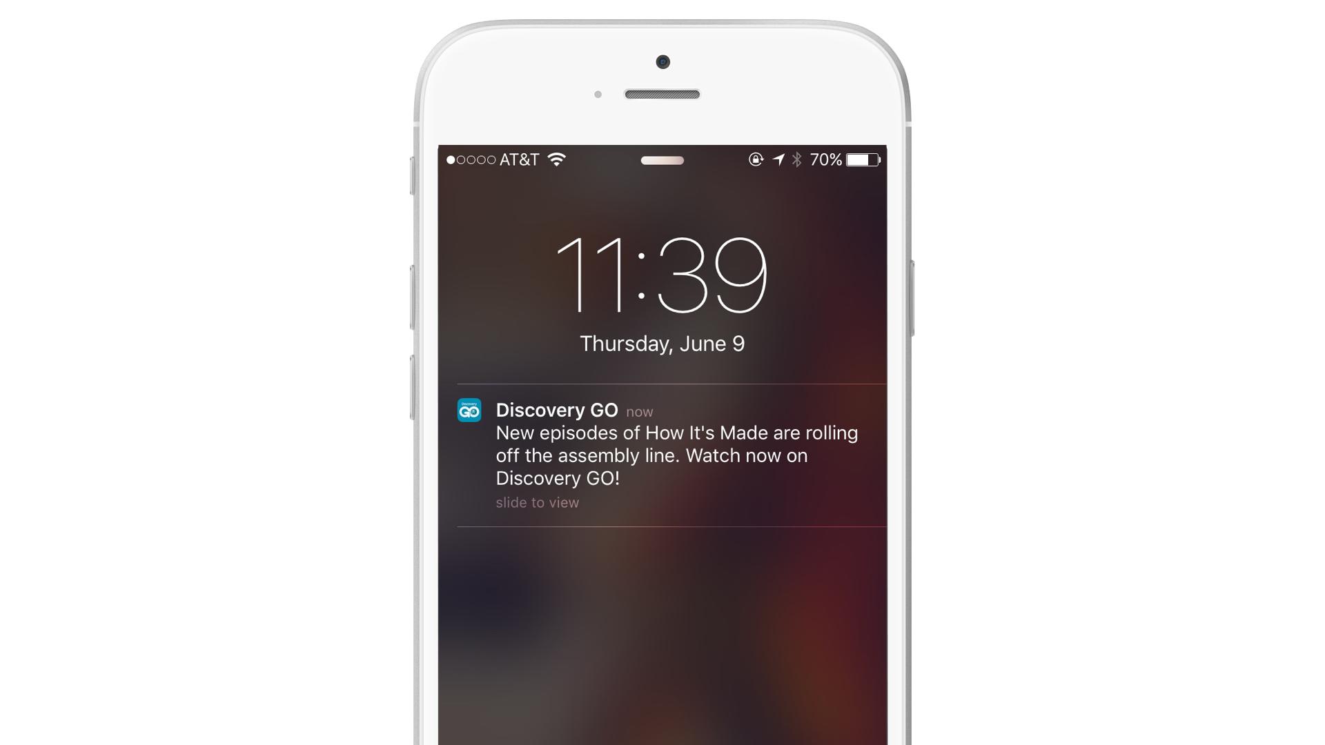 A smartphone screen displaying a notification from Discovery GO about new episodes of "How It's Made." The time is 11:39 AM on June 9.