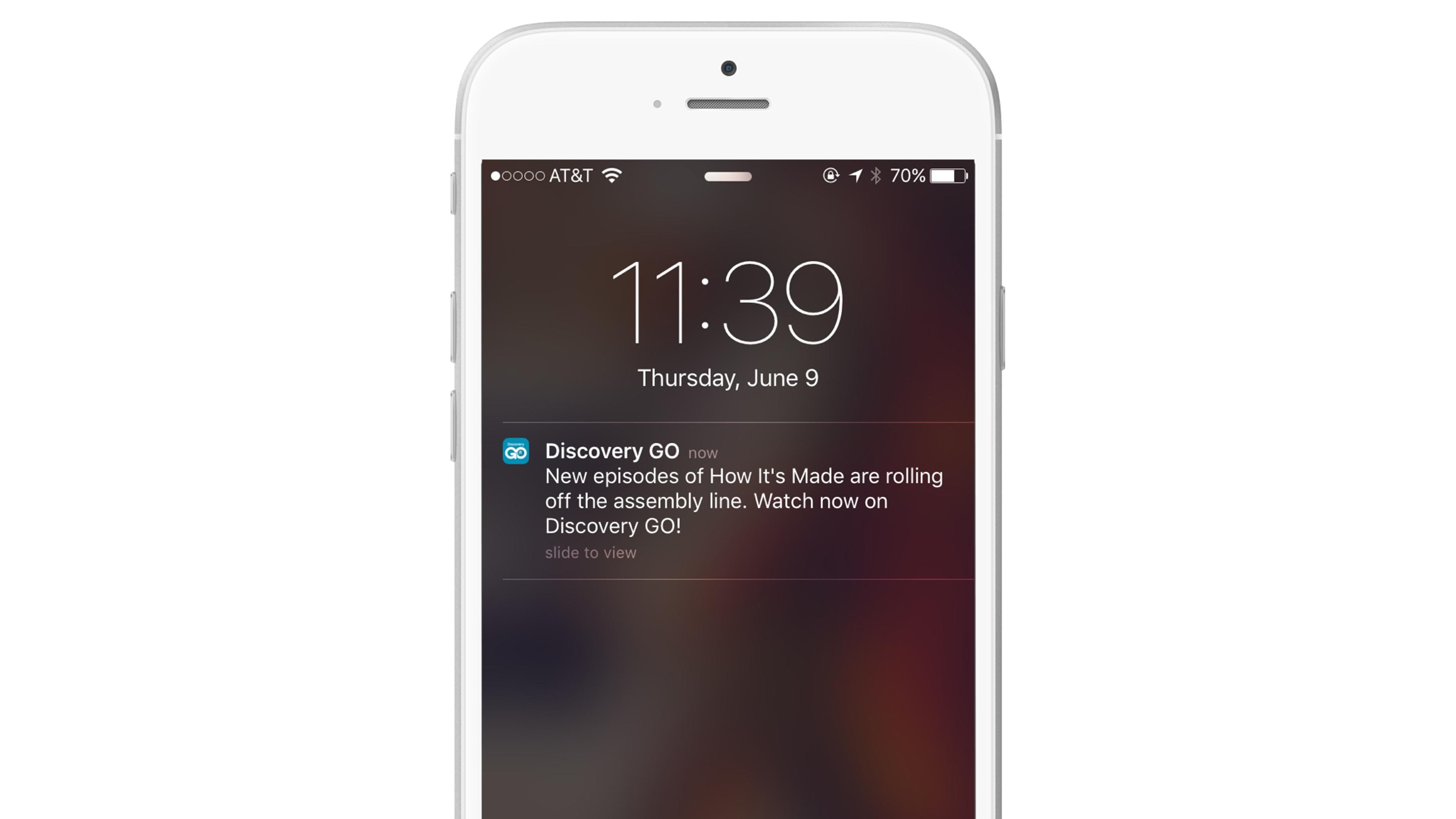 A smartphone screen displaying a notification from Discovery GO about new episodes of "How It's Made." The time is 11:39 AM on June 9.
