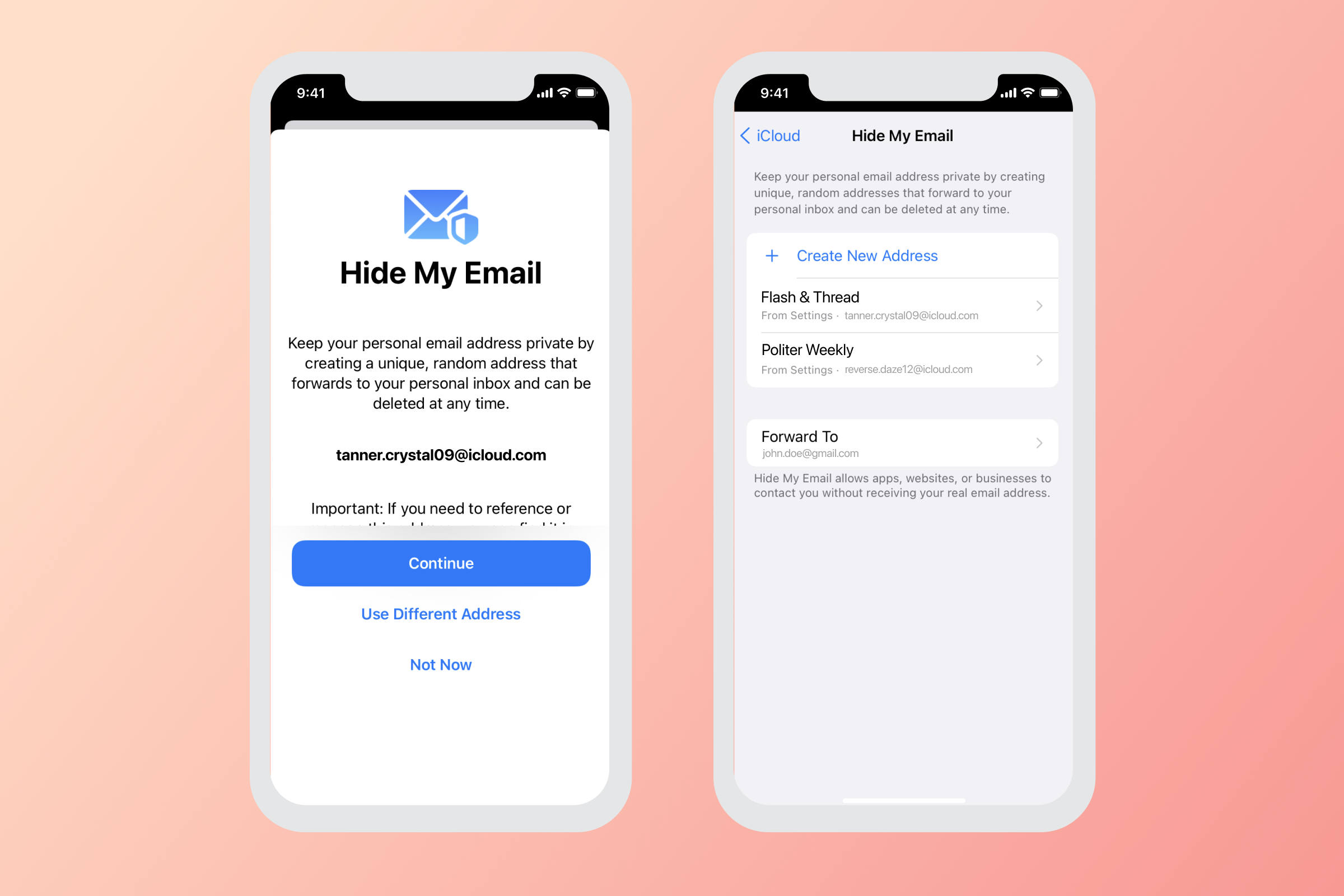 A smartphone screen displaying the "Hide My Email" feature, showing options to create a random email address and manage settings. The background is a gradient from pink to orange.