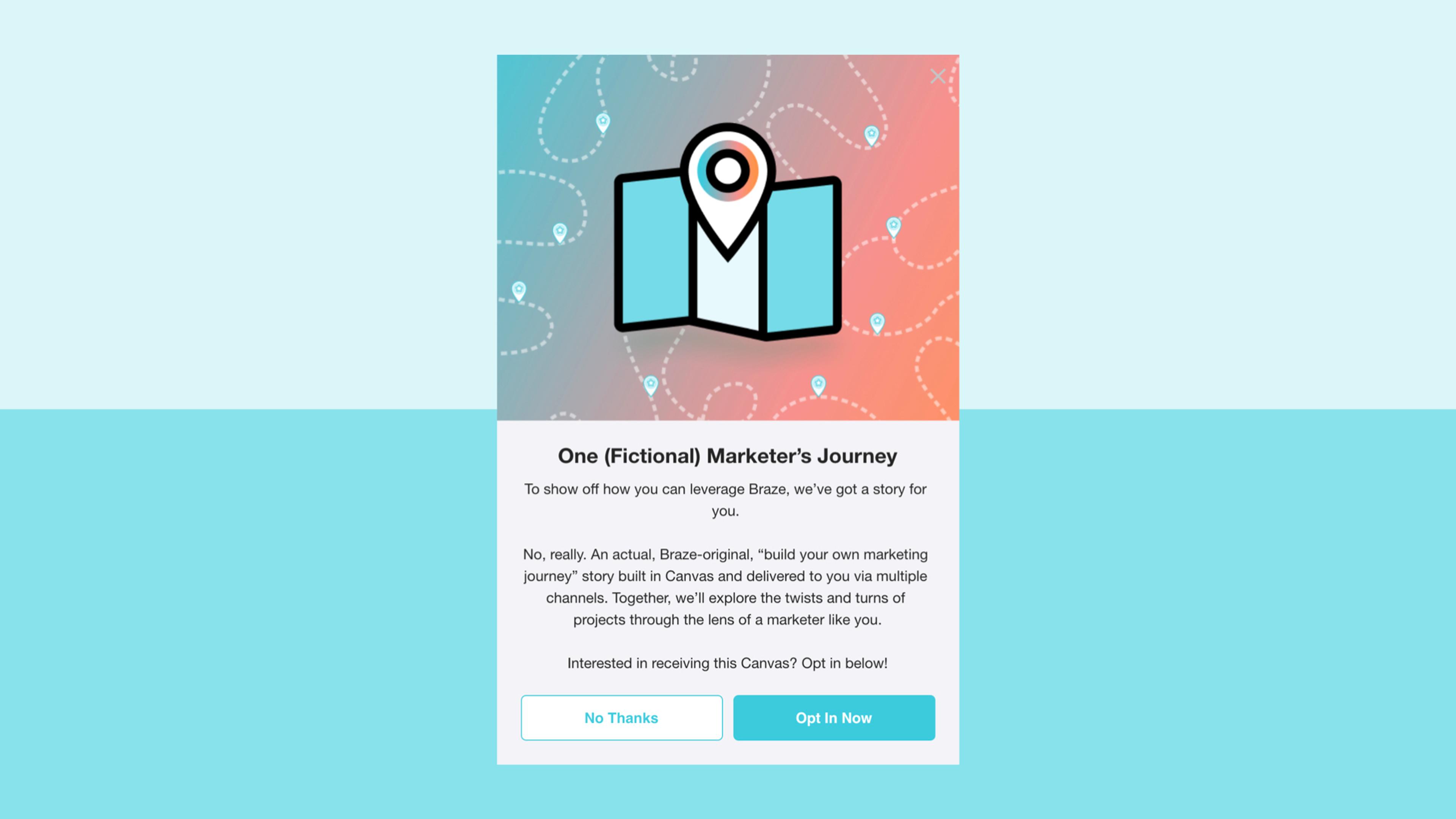 A digital illustration of a map with a location pin, accompanied by a message about leveraging a marketing journey through a platform. The text invites users to opt in for more information.
