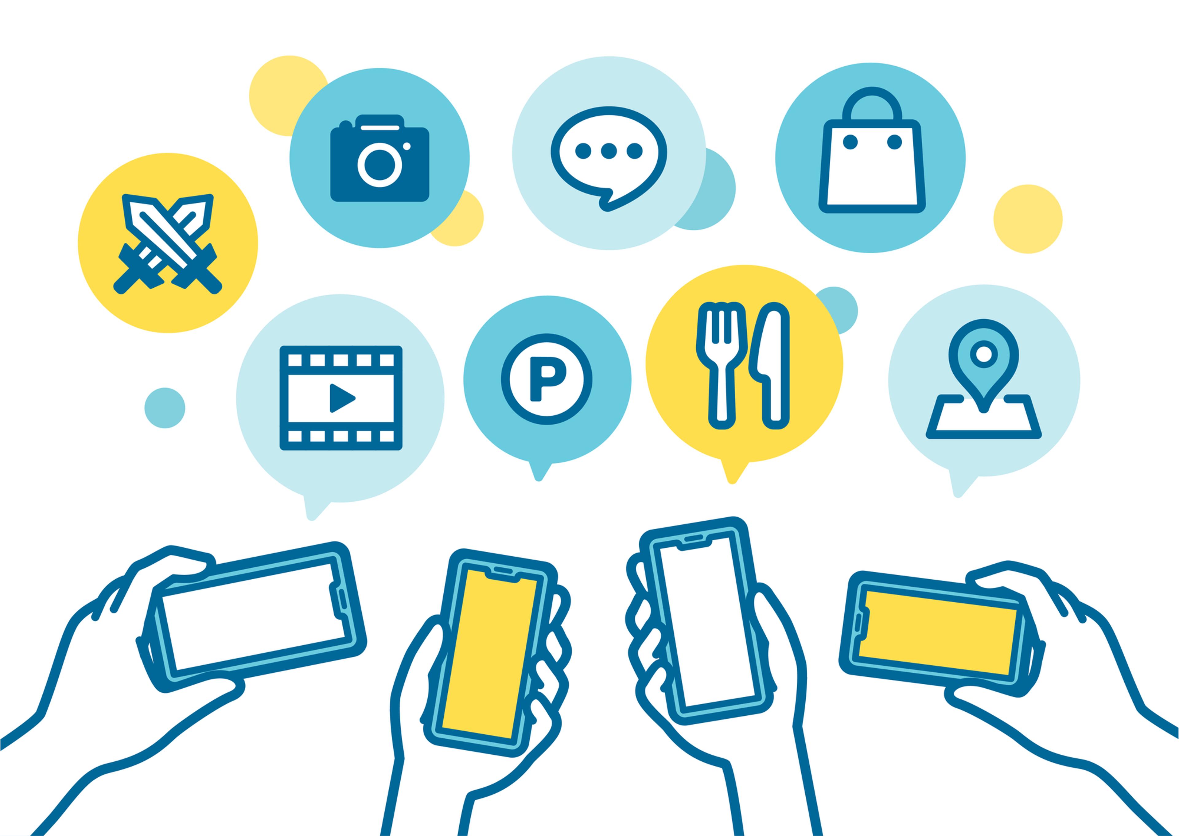Hands hold smartphones, displaying app icons for gaming, photography, messaging, shopping, video, parking, dining, and navigation.