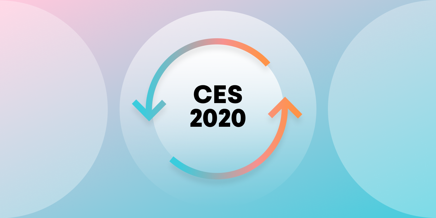 The image features the text "CES 2020" surrounded by circular arrows on a gradient background. The design uses soft colors transitioning from pink to blue.