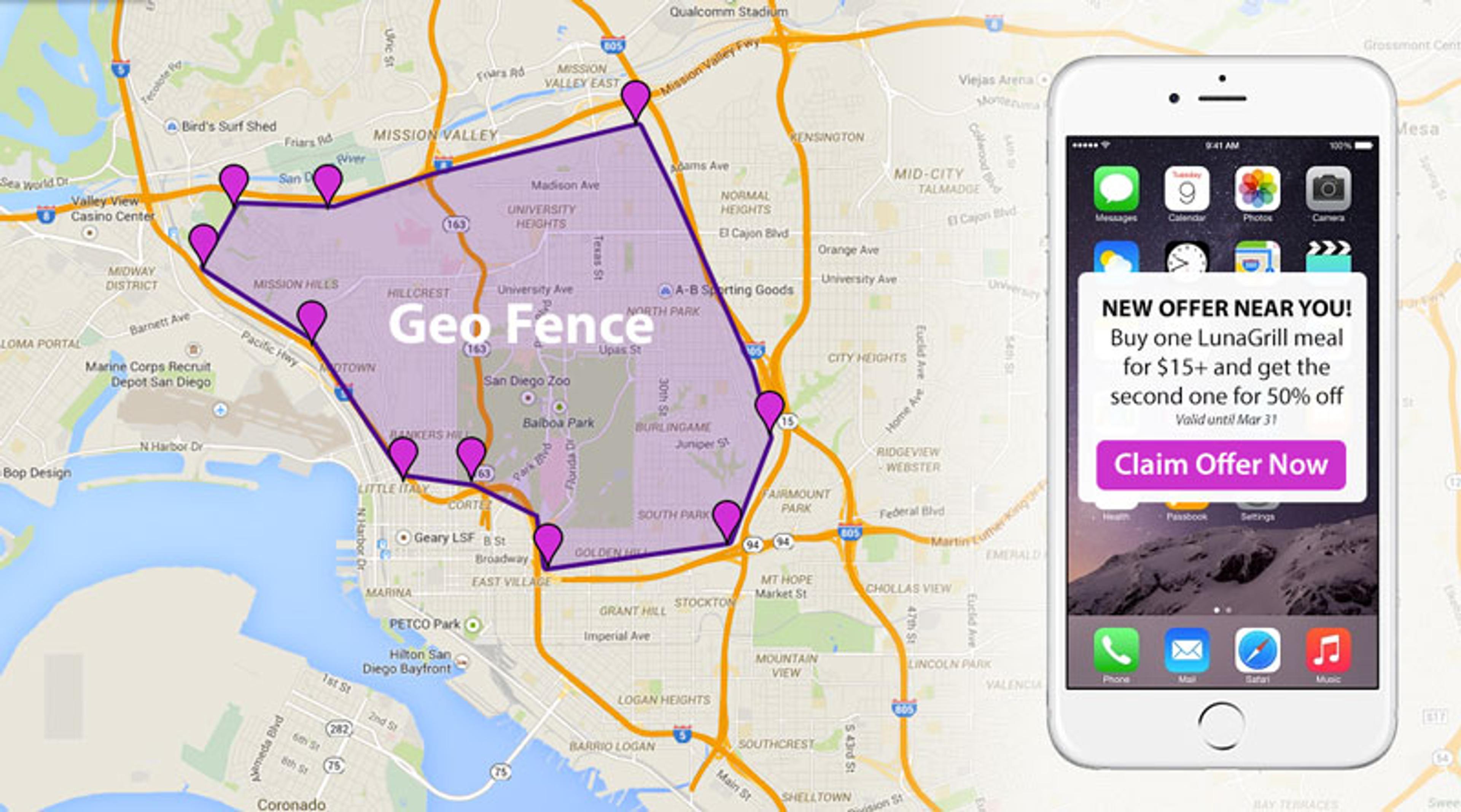 A map showing a geo-fenced area in San Diego, highlighted in purple, with a smartphone displaying a promotional offer for a restaurant.