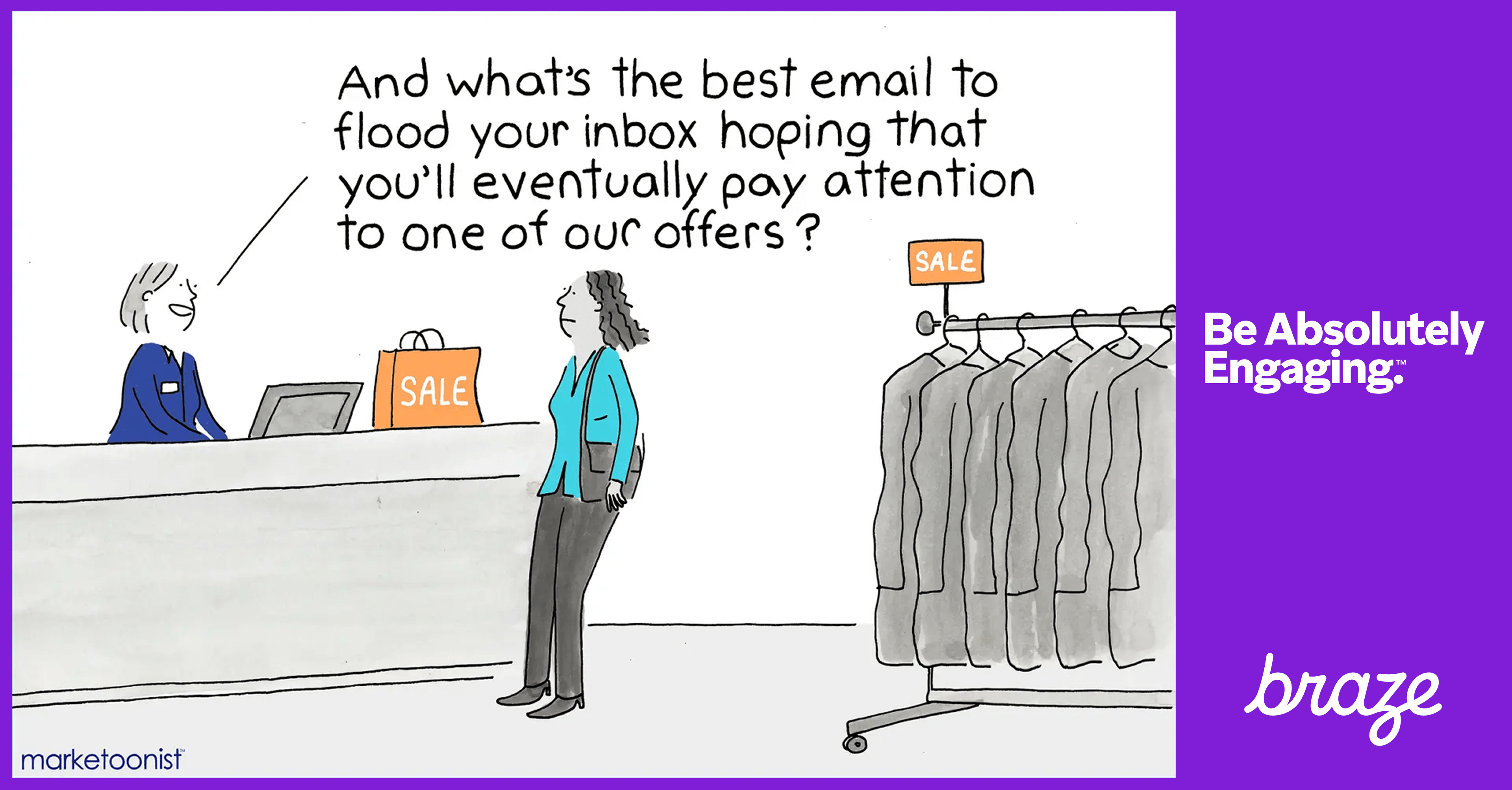 a cartoon of a woman standing in front of a sale sign