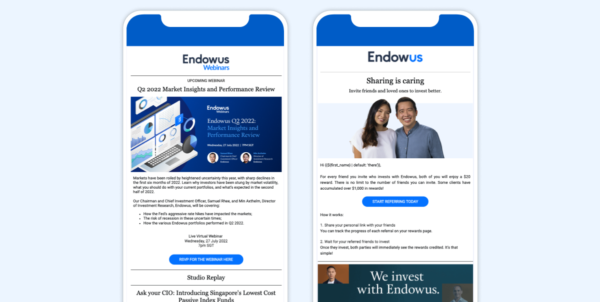 Two mobile screens displaying an email from Endowus about webinars. The left screen features a graphic with market insights, while the right screen includes a message inviting users to register for upcoming events.
