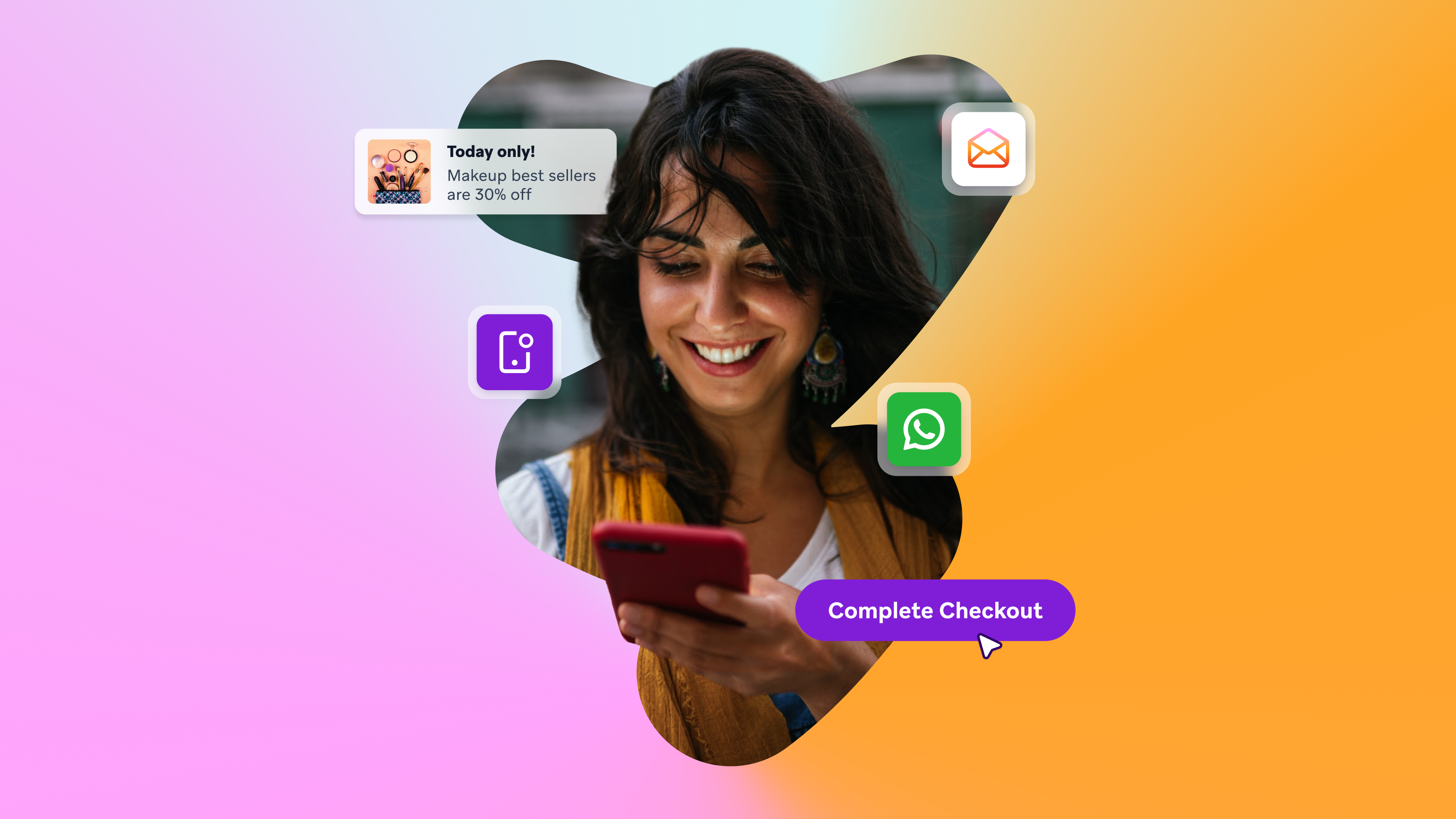 a woman is smiling while looking at her phone with a complete checkout button below her