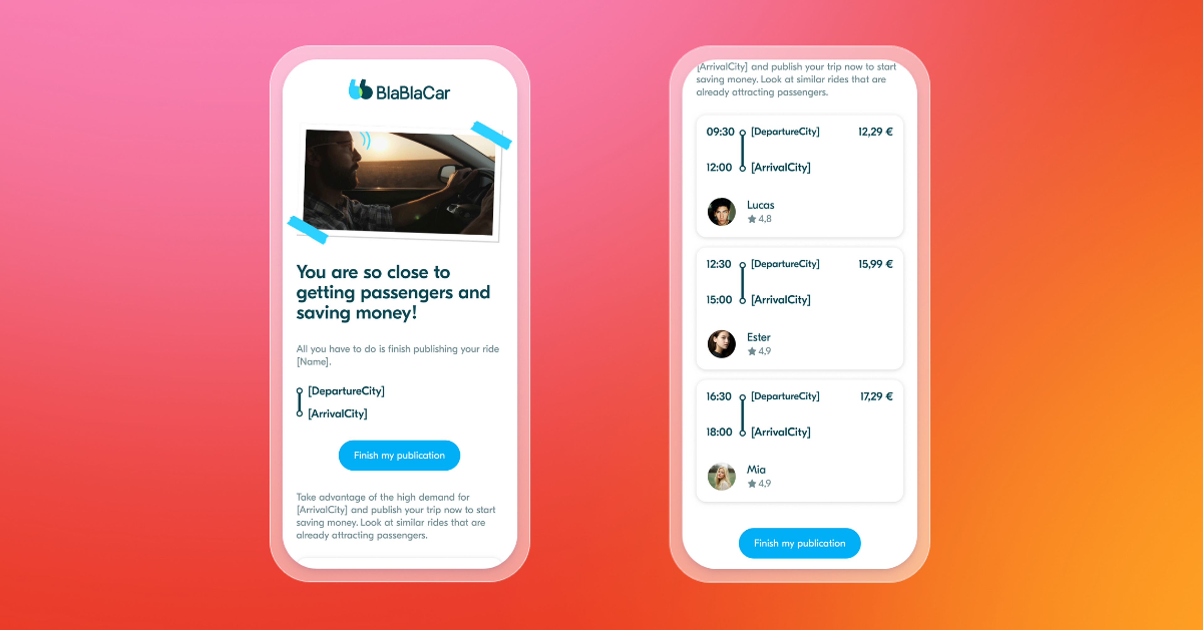 A mobile app interface for BlaBlaCar showing a ride-sharing offer with departure and arrival details. The background features a gradient from orange to pink.