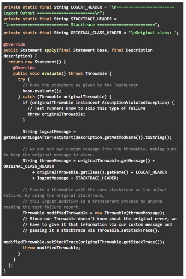 Code snippet showing a Java method that handles exceptions and logs error messages, including stack trace information. The method overrides a statement application and evaluates throwables.