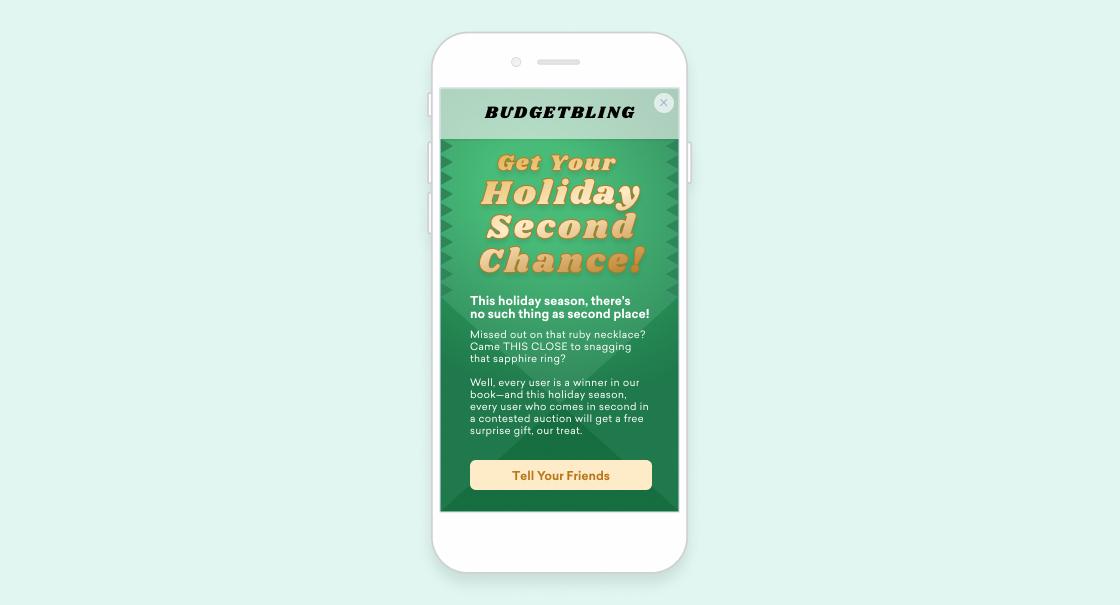 A smartphone displays a promotional message for Budget Bling, encouraging users to share a holiday offer. The message emphasizes that there are no second places this season and invites friends to participate.
