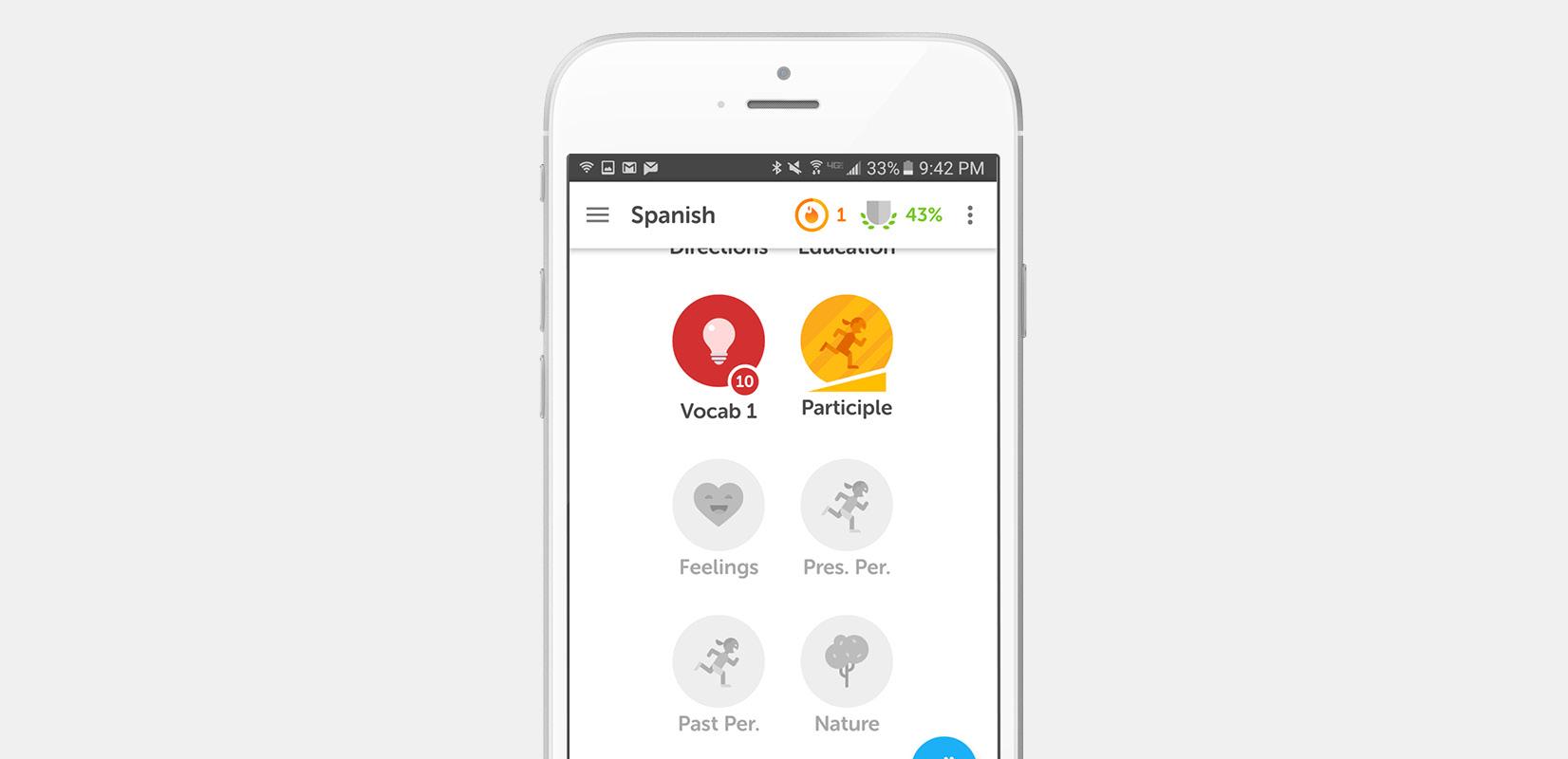 A smartphone screen displaying a language learning app with sections for Spanish vocabulary and participles. The interface includes icons for different topics like feelings and nature.