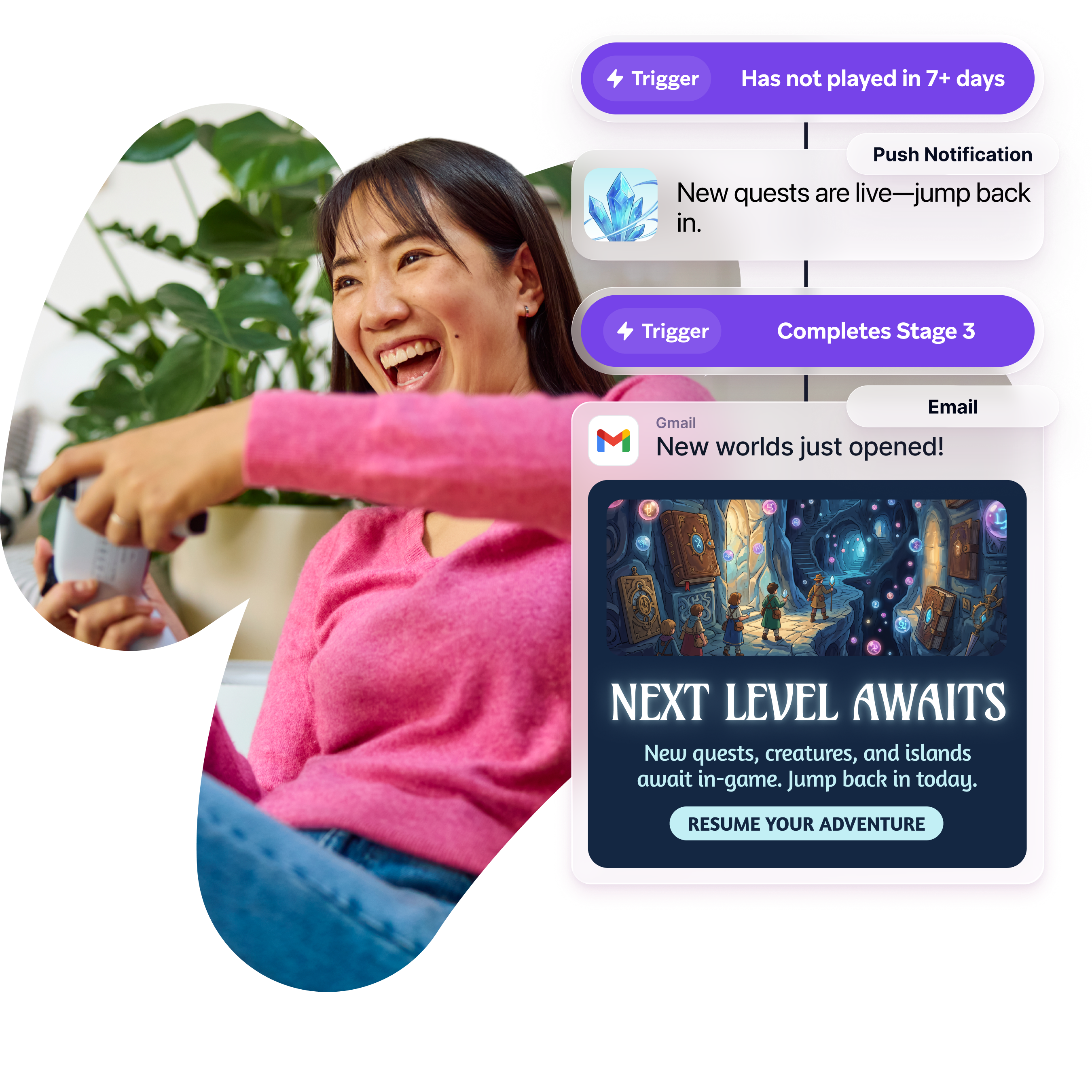 Smiling woman in a pink sweater plays a video game while colorful app notifications and email messages about new in-game quests and levels appear beside her.