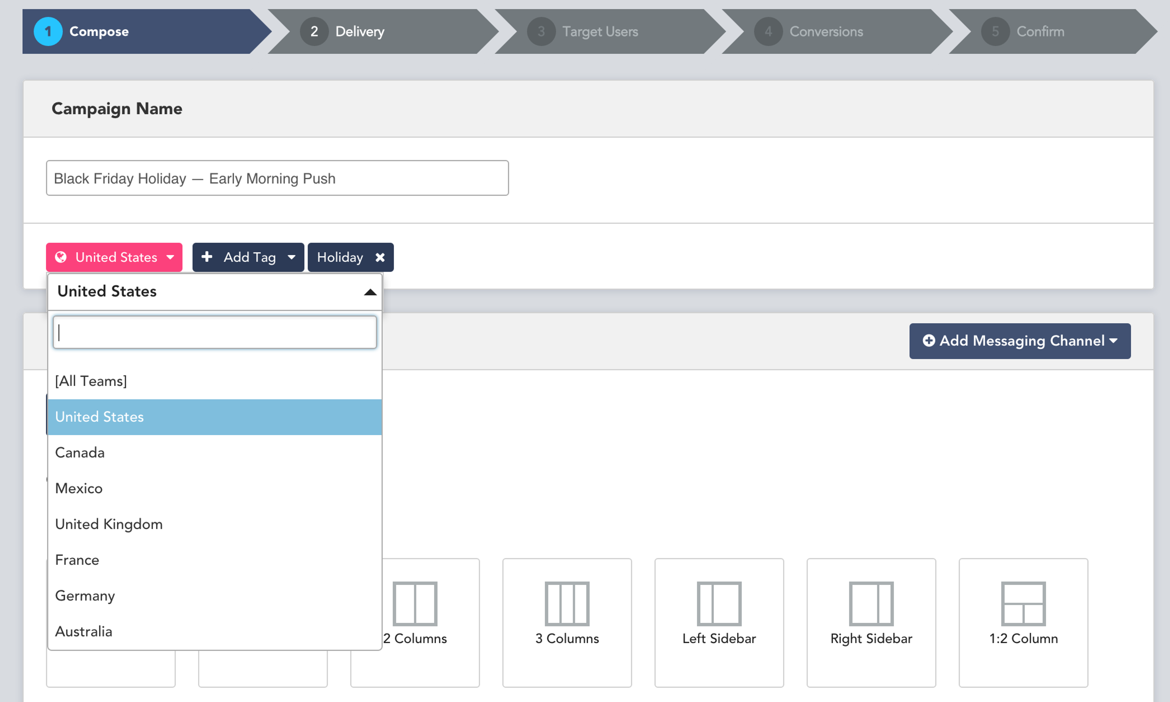 A user interface displaying a campaign creation form with options for selecting a country and layout templates. The selected country is "United States.