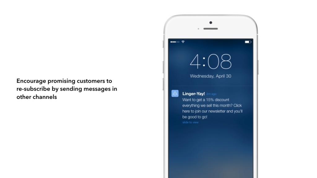 A smartphone displays a notification about a 15% discount for newsletter subscribers. Text beside the phone suggests encouraging customers to re-subscribe through other channels.