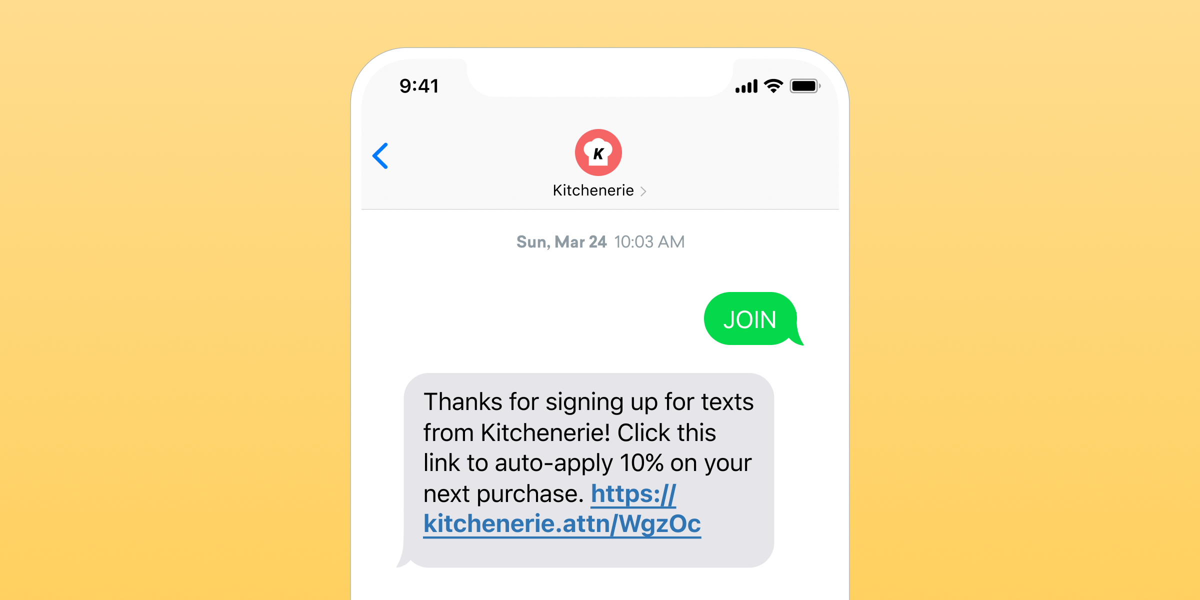 A smartphone screen displaying a text message from Kitchenerie, thanking the user for signing up and offering a 10% discount on their next purchase. The message includes a clickable link.