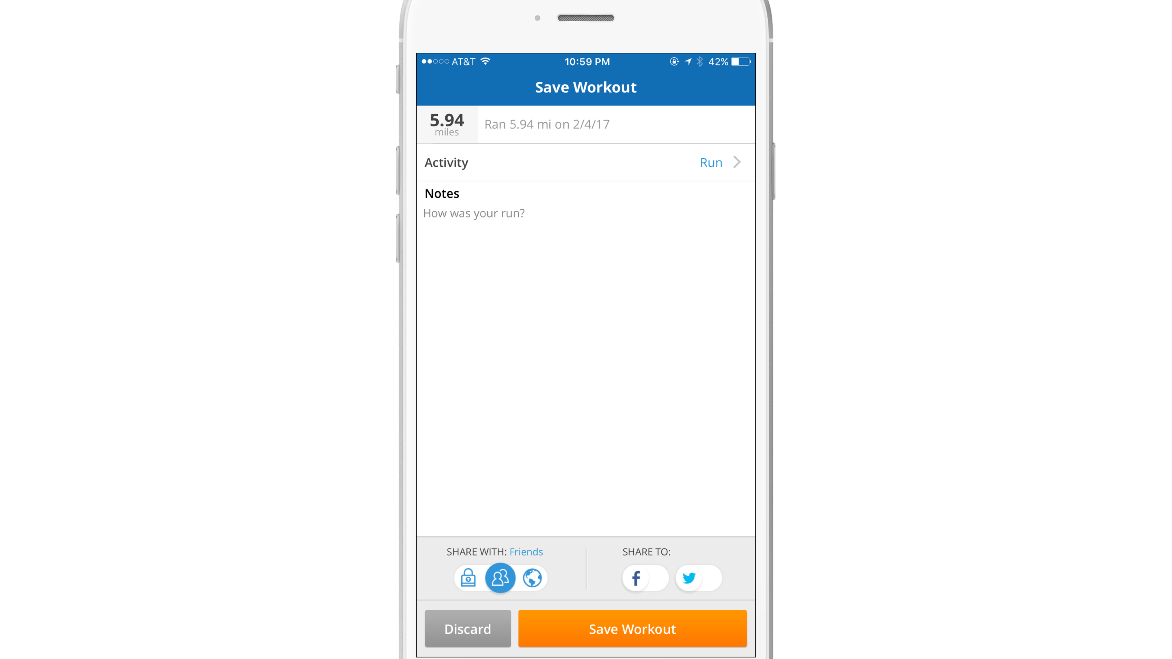 A smartphone screen displaying a workout save page with fields for activity, distance, and notes. Options to share the workout and buttons to save or discard are visible.