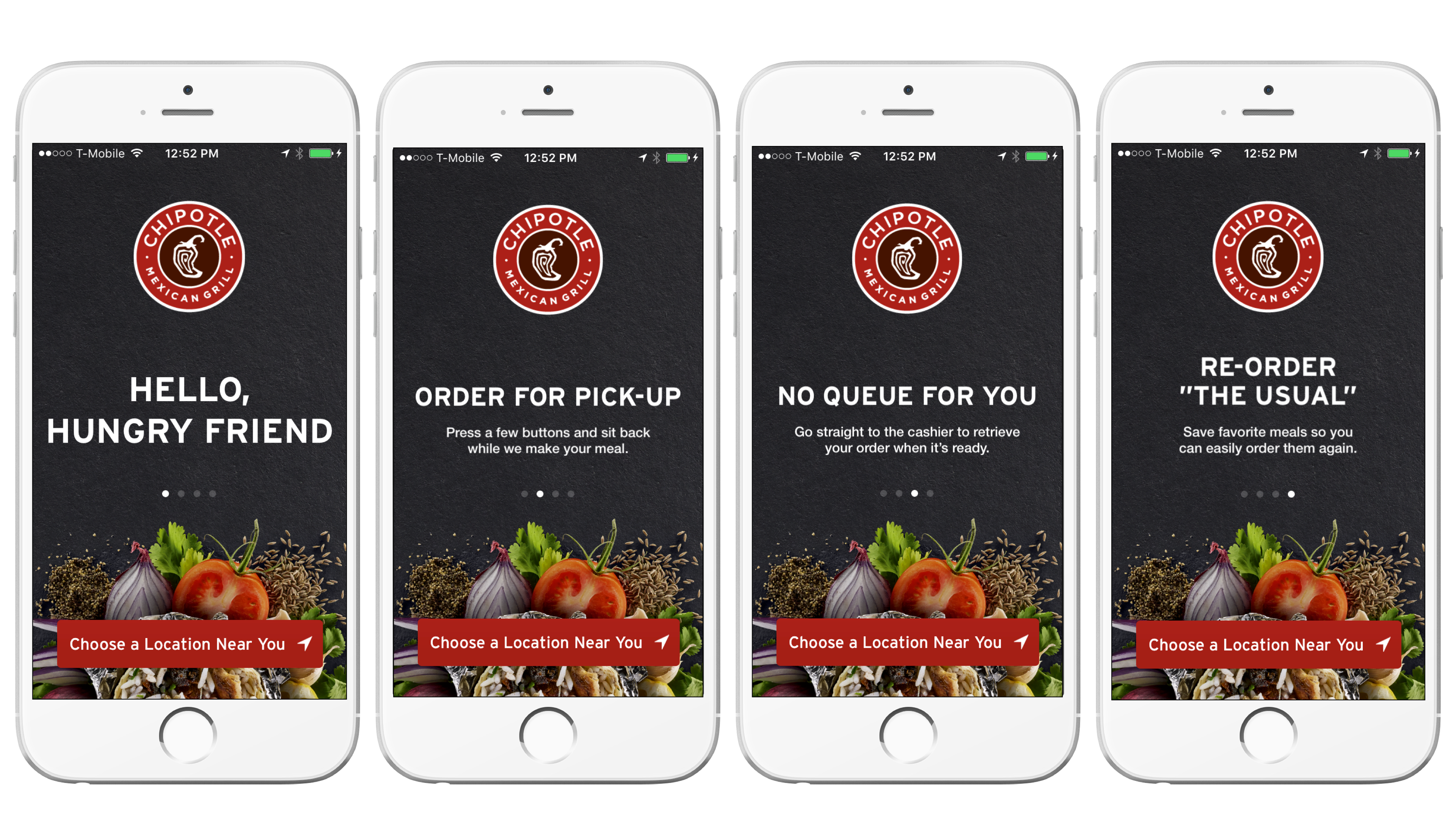 Four smartphone screens displaying the Chipotle app features: greeting message, order for pick-up, no queue option, and re-ordering favorites. Each screen highlights user-friendly navigation for ordering food.