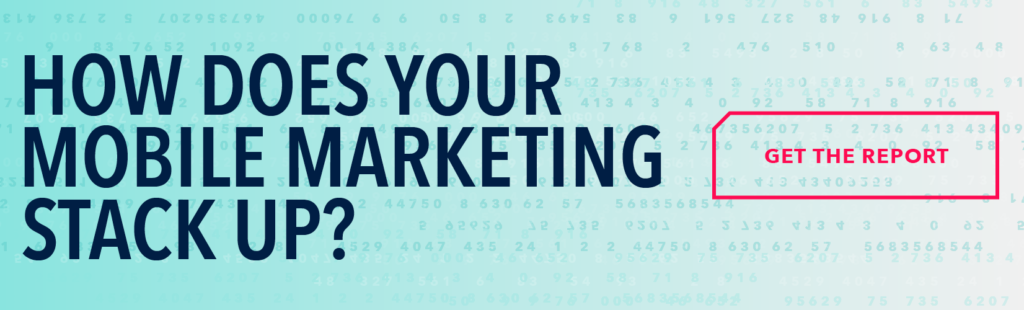 Text asking how mobile marketing performance compares, with a button to get a report. Background features a pattern of numbers.