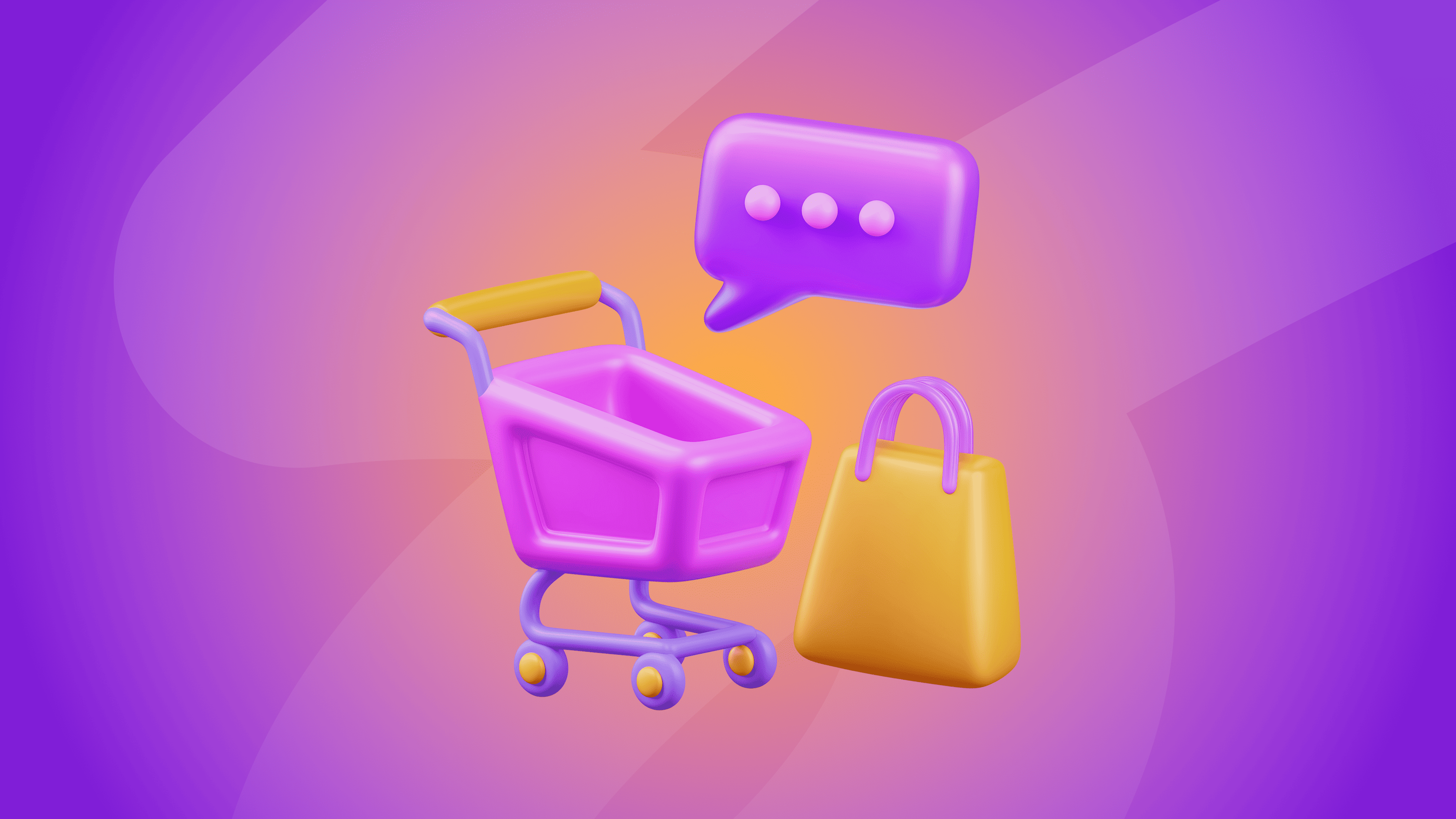 3D illustration of a purple shopping cart, yellow shopping bag, and chat bubble on a vibrant pink and purple background.