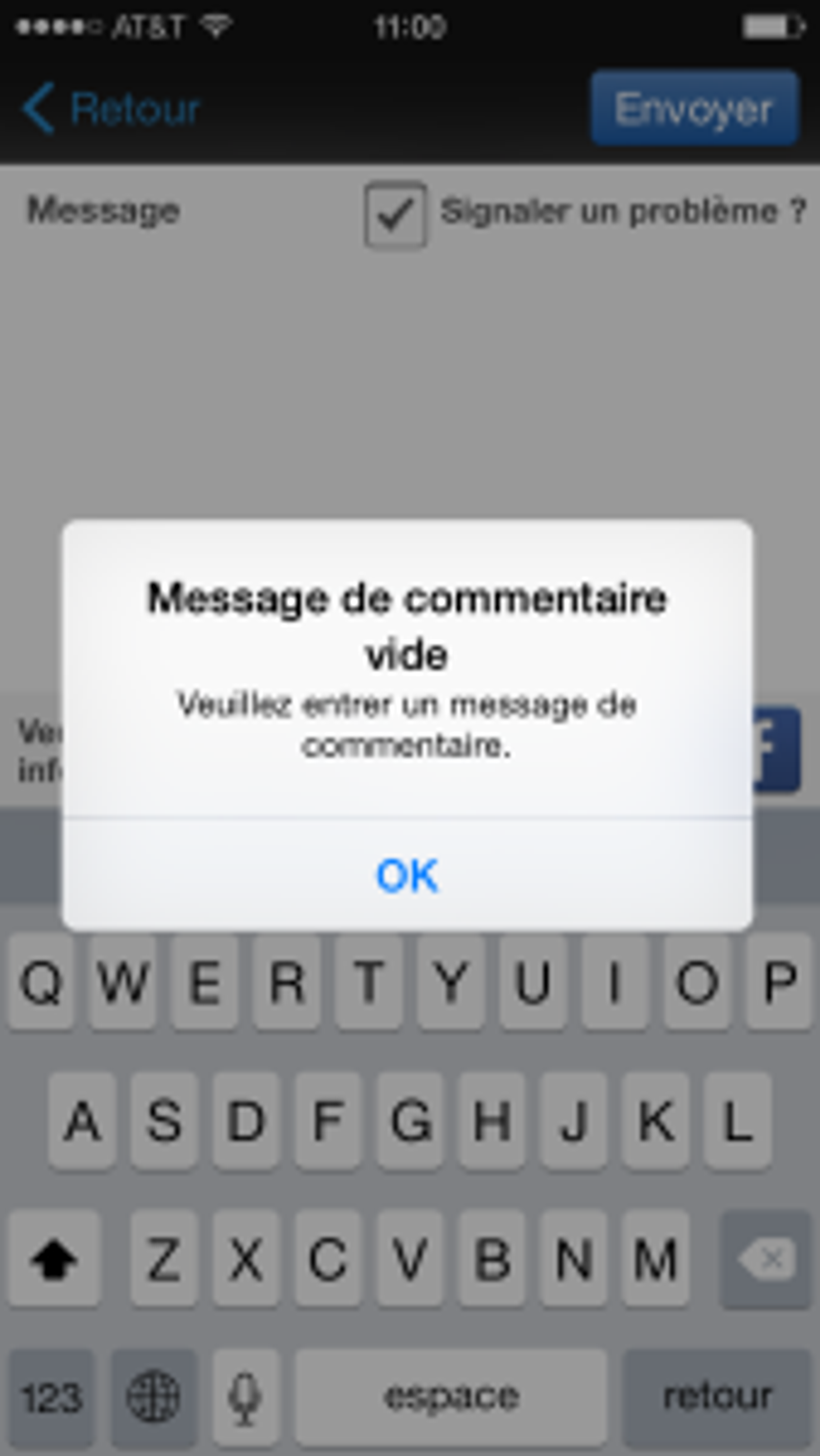 A pop-up message on a mobile device screen indicates that a comment field is empty and prompts the user to enter a message. The keyboard is displayed below the message.