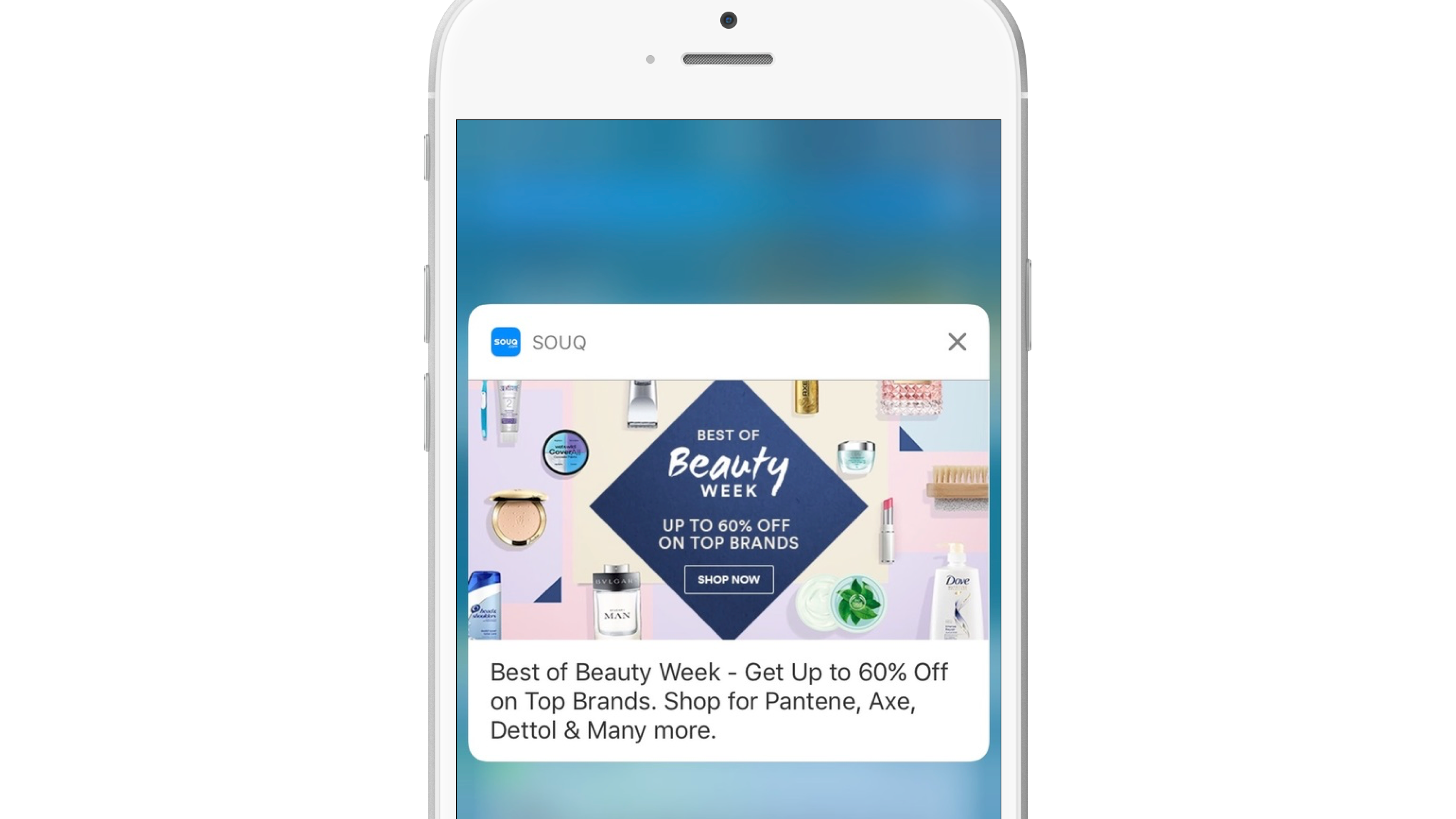 A mobile phone screen displaying a promotional banner for "Best of Beauty Week" with discounts on various brands. The banner includes images of beauty products and a "Shop Now" button.