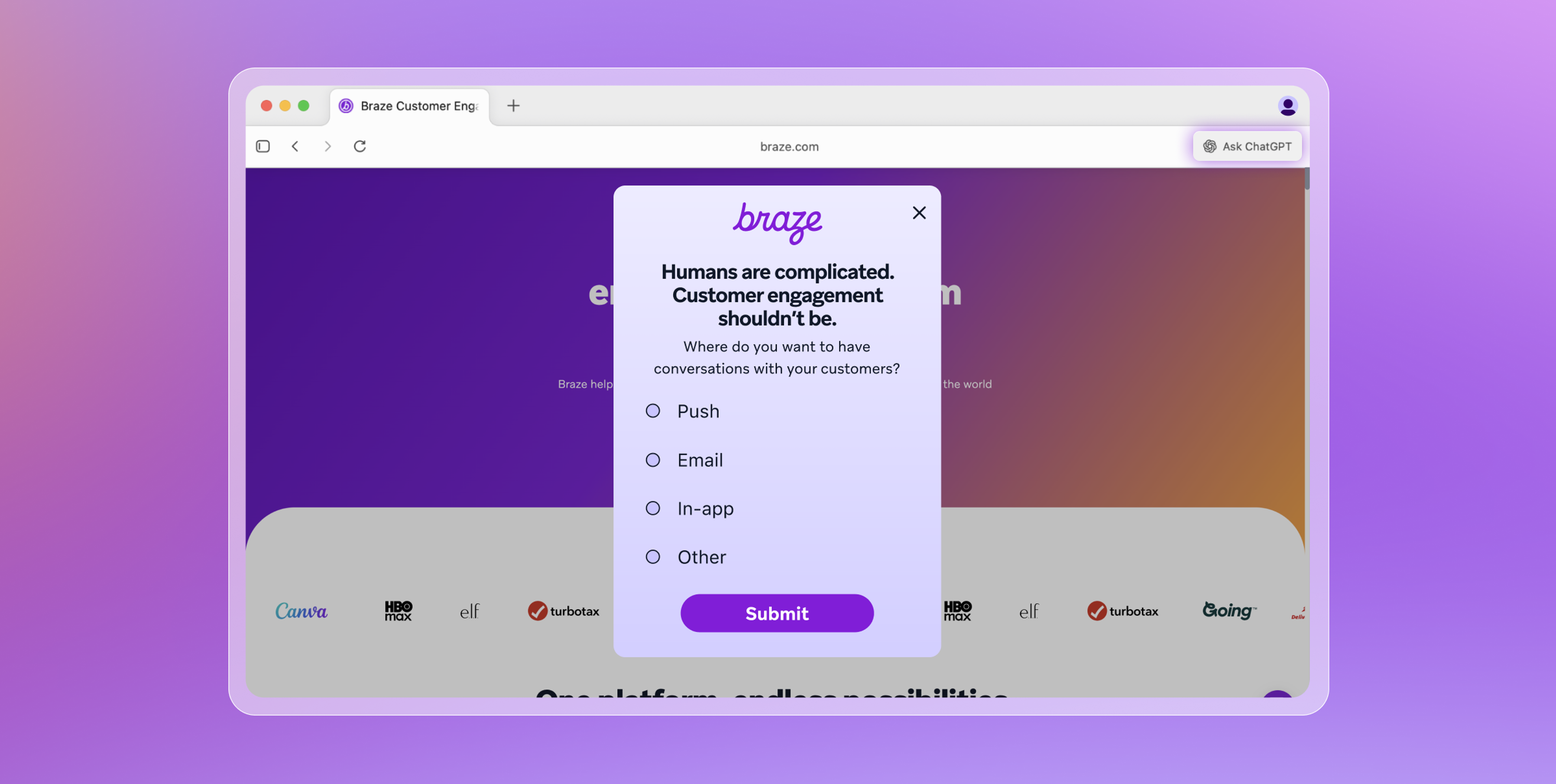 A web browser displaying the Braze website with an open pop-up survey about customer communication channels.