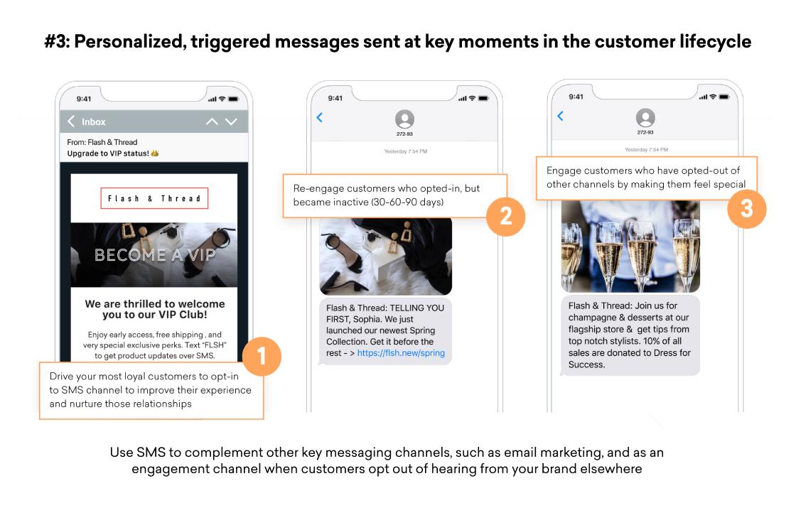 Slide showing three smartphone screens with SMS examples that illustrate personalized, triggered messages used to welcome VIP customers, re-engage inactive subscribers, and make opted-out customers feel special with exclusive offers.