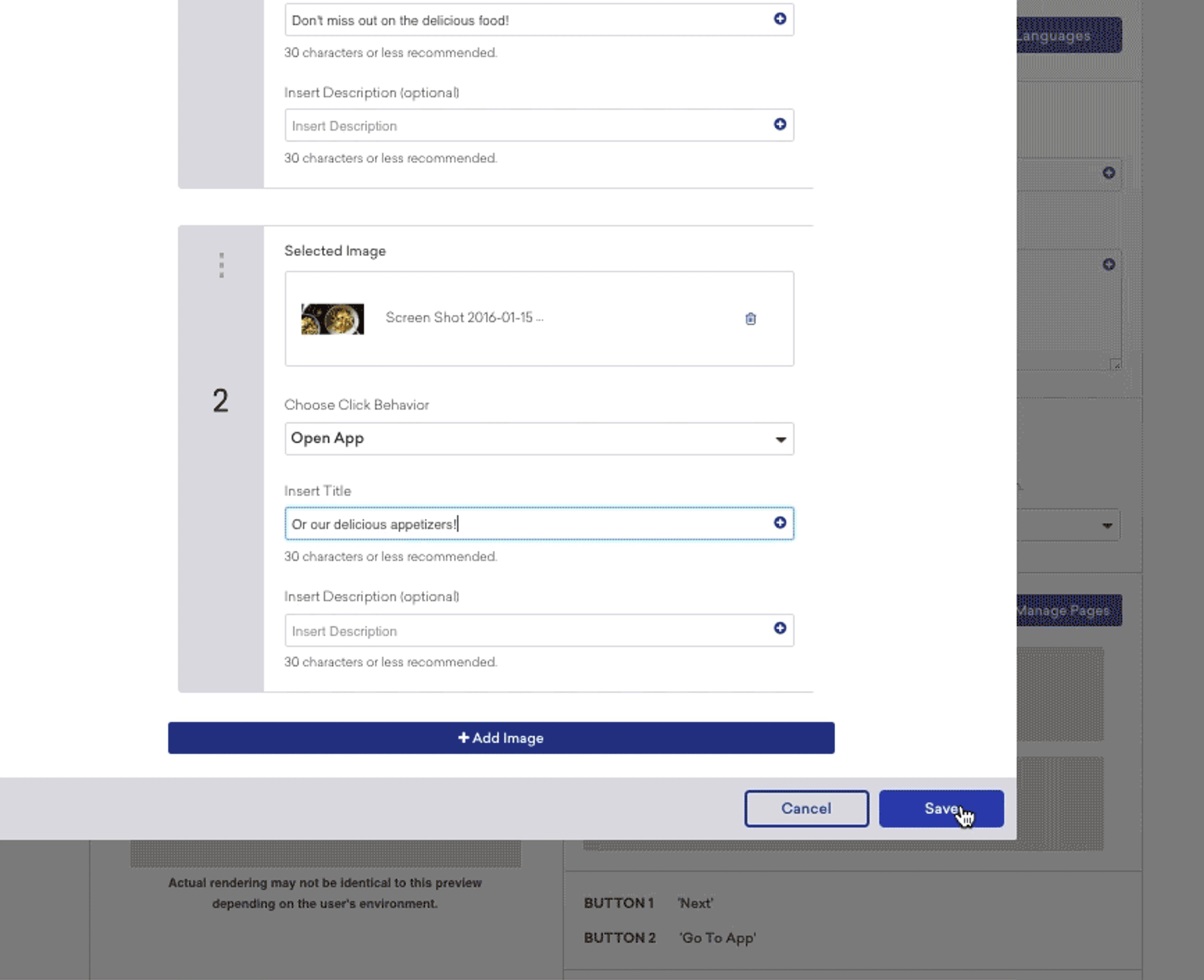 A user interface showing an image upload section with fields for title and description. The user is selecting an image and entering text for an app.