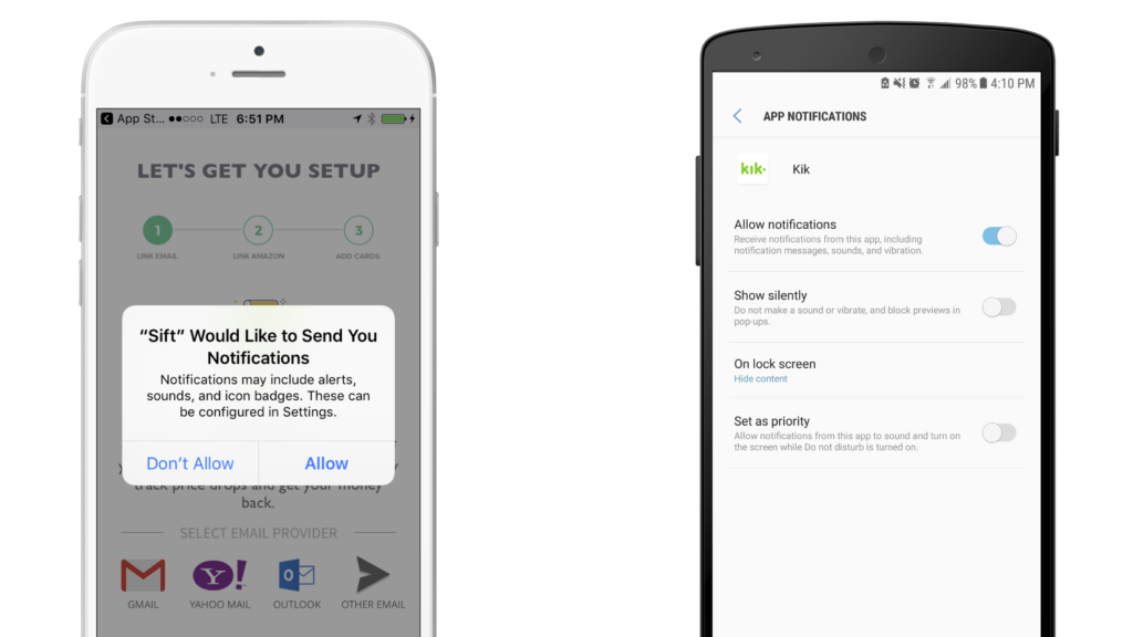 A smartphone screen displaying a notification request from an app asking for permission to send notifications. The second screen shows notification settings for the Kik app, including options to allow notifications and adjust their visibility.