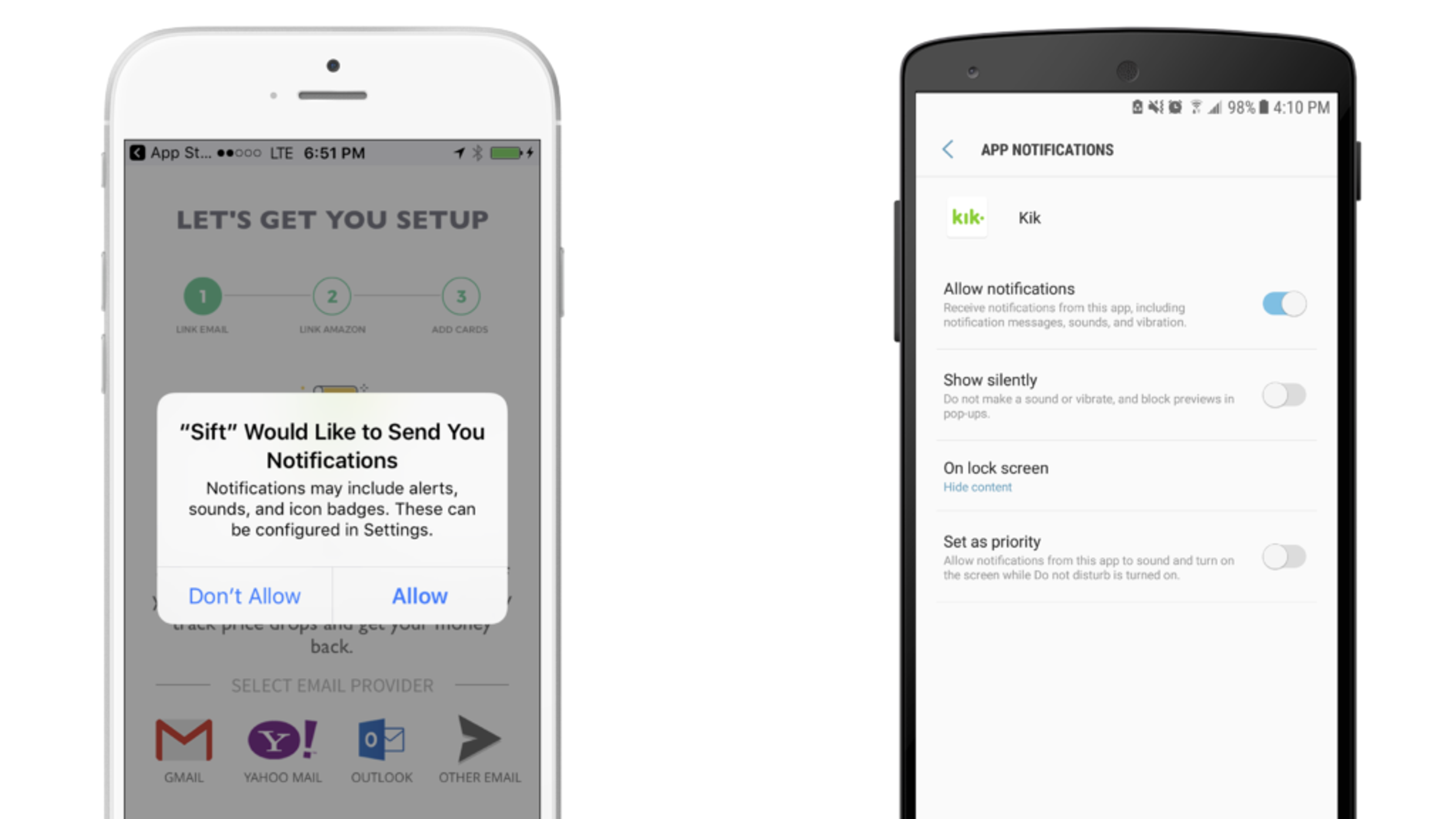 A smartphone screen displaying a notification request from an app asking for permission to send notifications. The second screen shows notification settings for the Kik app, including options to allow notifications and adjust their visibility.