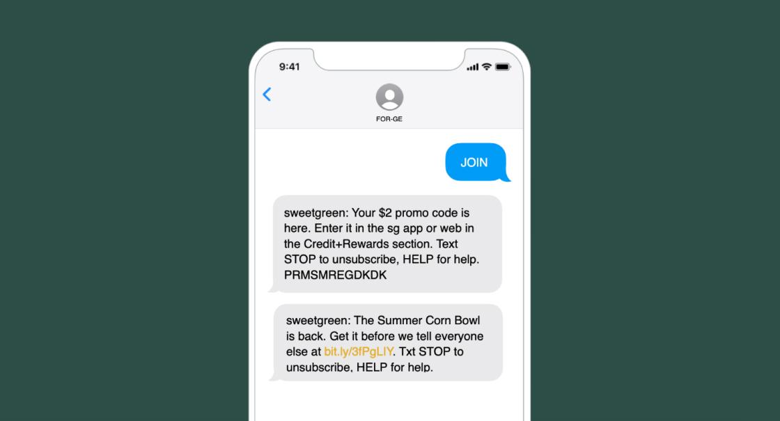 A smartphone screen displaying a text message conversation about a promotional code for sweetgreen. The message includes instructions to enter the code and options to unsubscribe or get help.