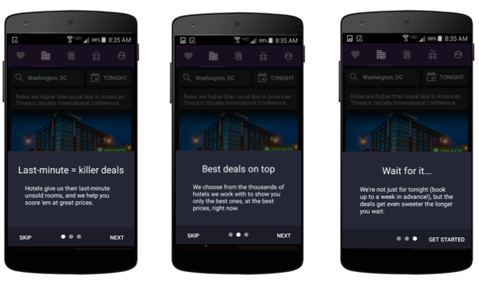 Three smartphone screens displaying a hotel booking app. The first screen highlights last-minute deals, the second emphasizes the best deals available, and the third indicates a wait for better offers.