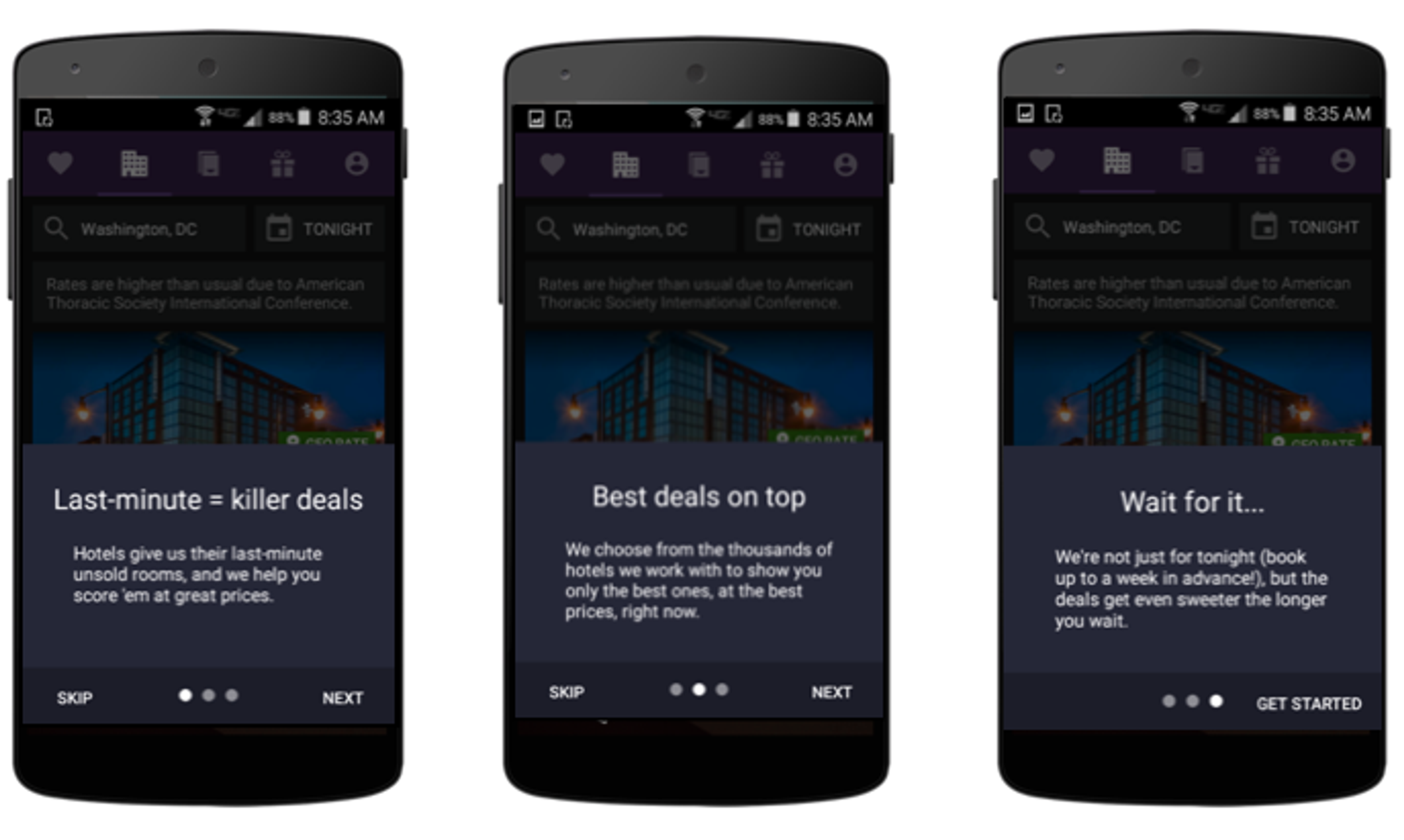 Three smartphone screens displaying a hotel booking app. The first screen highlights last-minute deals, the second emphasizes the best deals available, and the third indicates a wait for better offers.