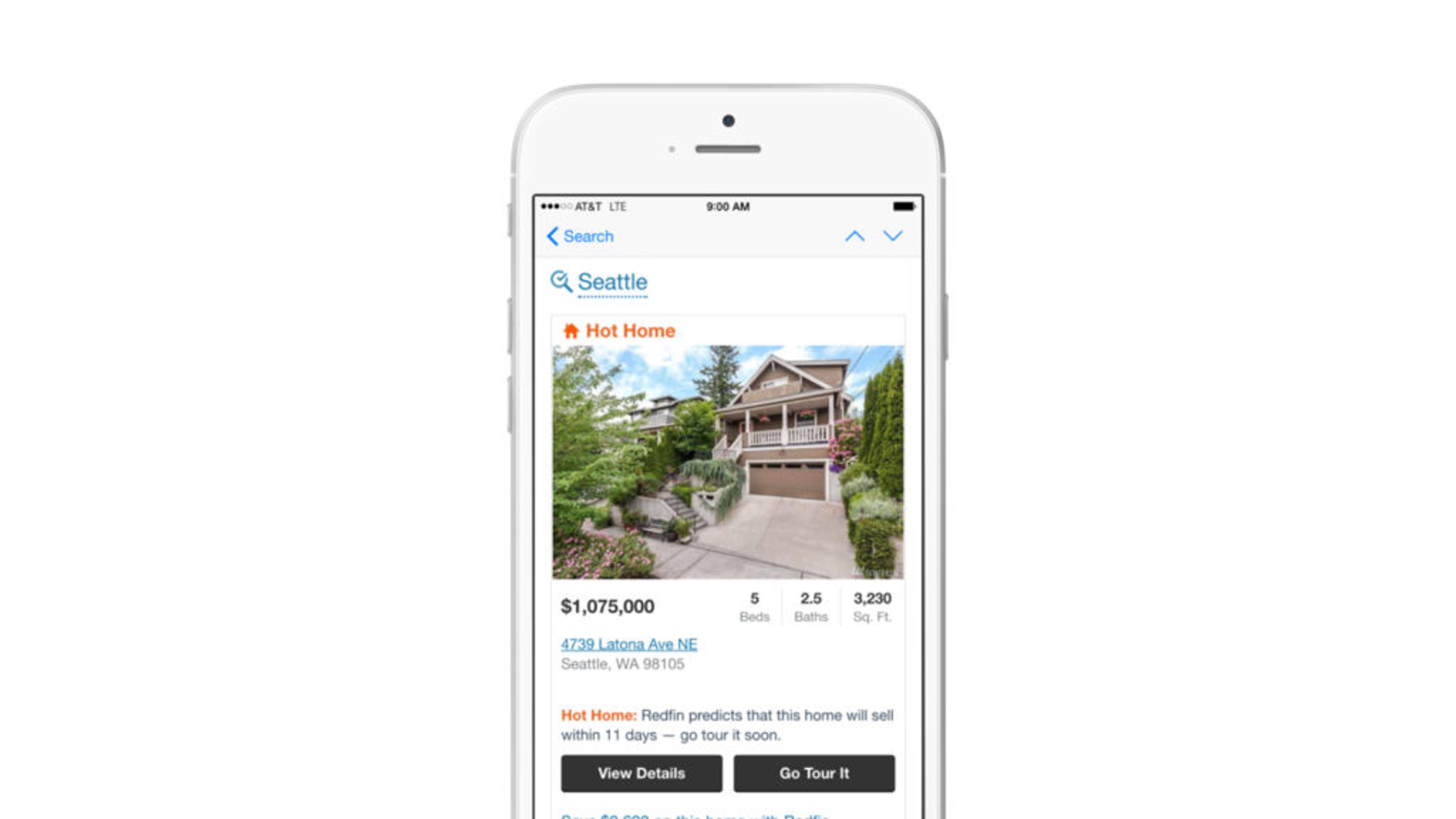 A smartphone displaying a real estate listing for a home in Seattle, featuring a photo of the house, price, and property details.