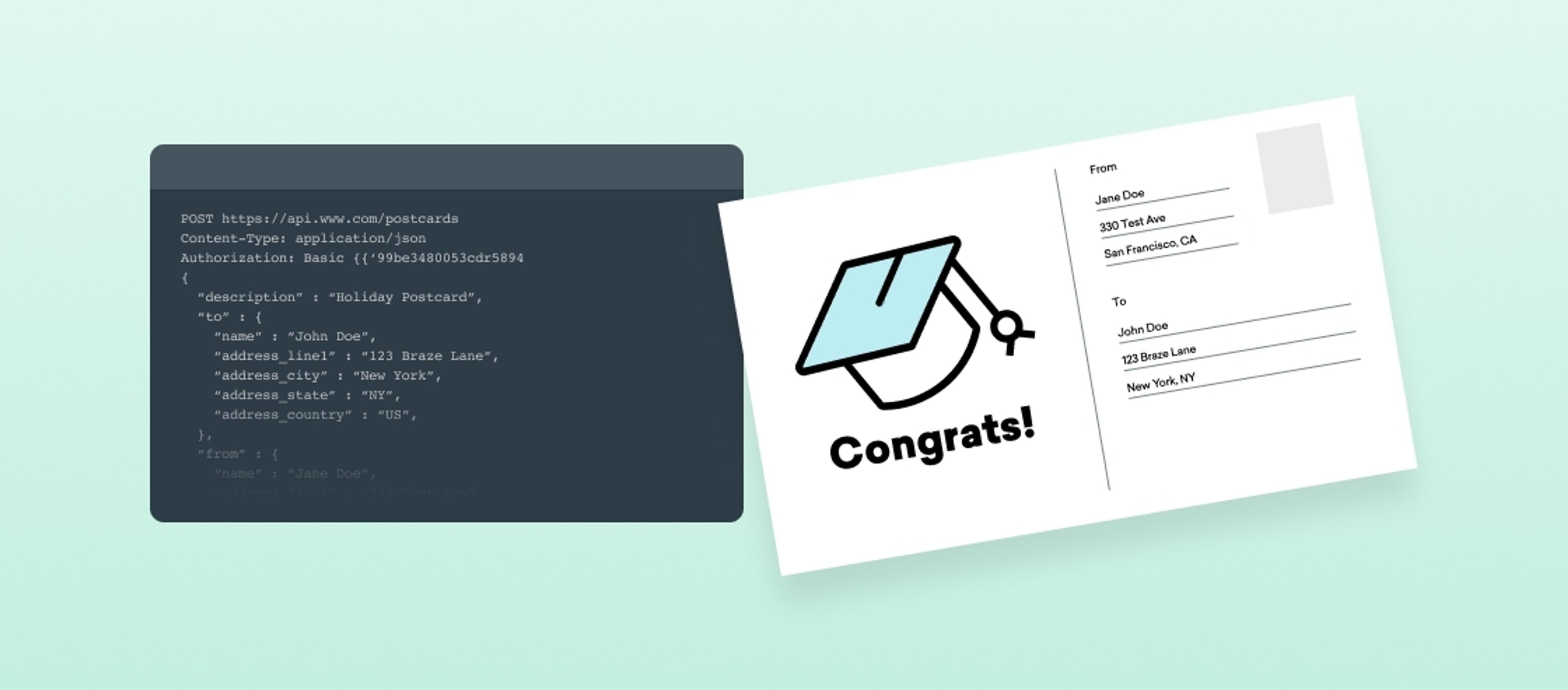 A digital postcard design featuring a graduation cap and the text "Congrats!" alongside a code snippet for sending a postcard via an API.
