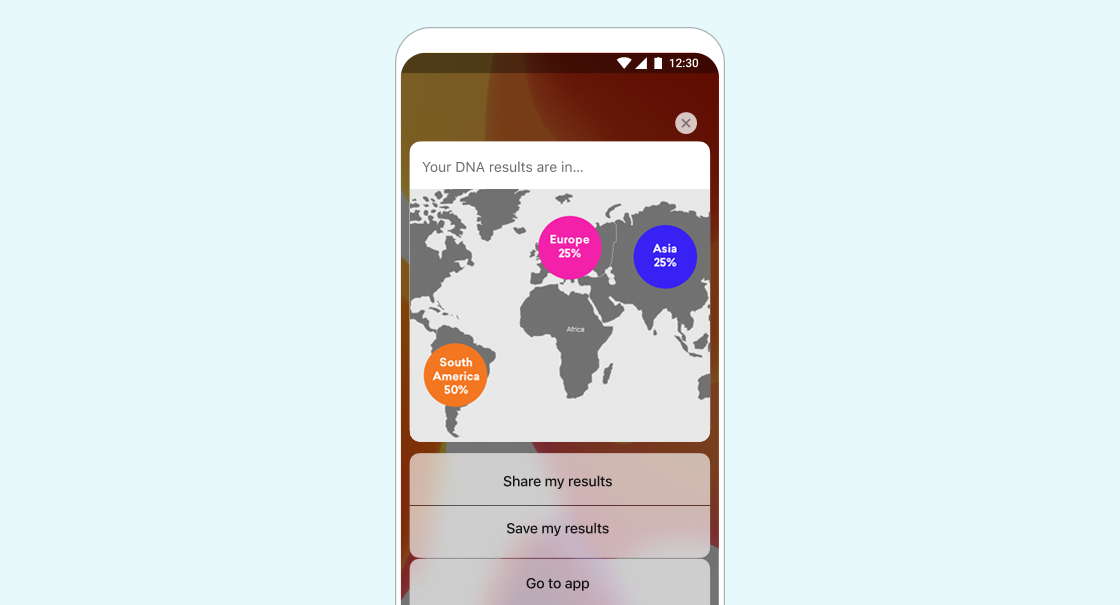 A smartphone screen displays a world map highlighting DNA ancestry results: 50% South America, 25% Europe, and 25% Asia, with options to share or save results.