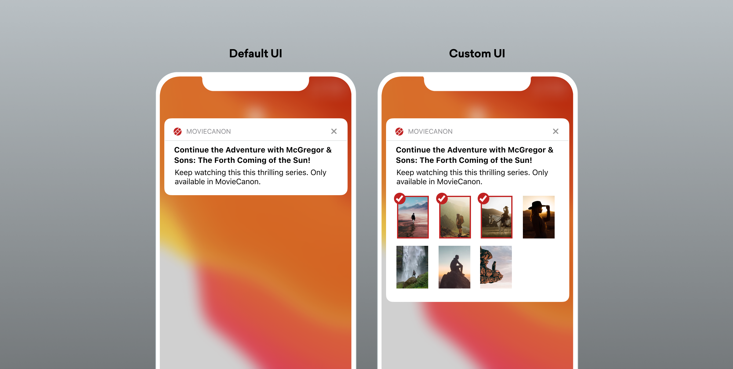 A comparison of two mobile app user interfaces: the default UI on the left and a custom UI on the right, both displaying a notification about a movie.