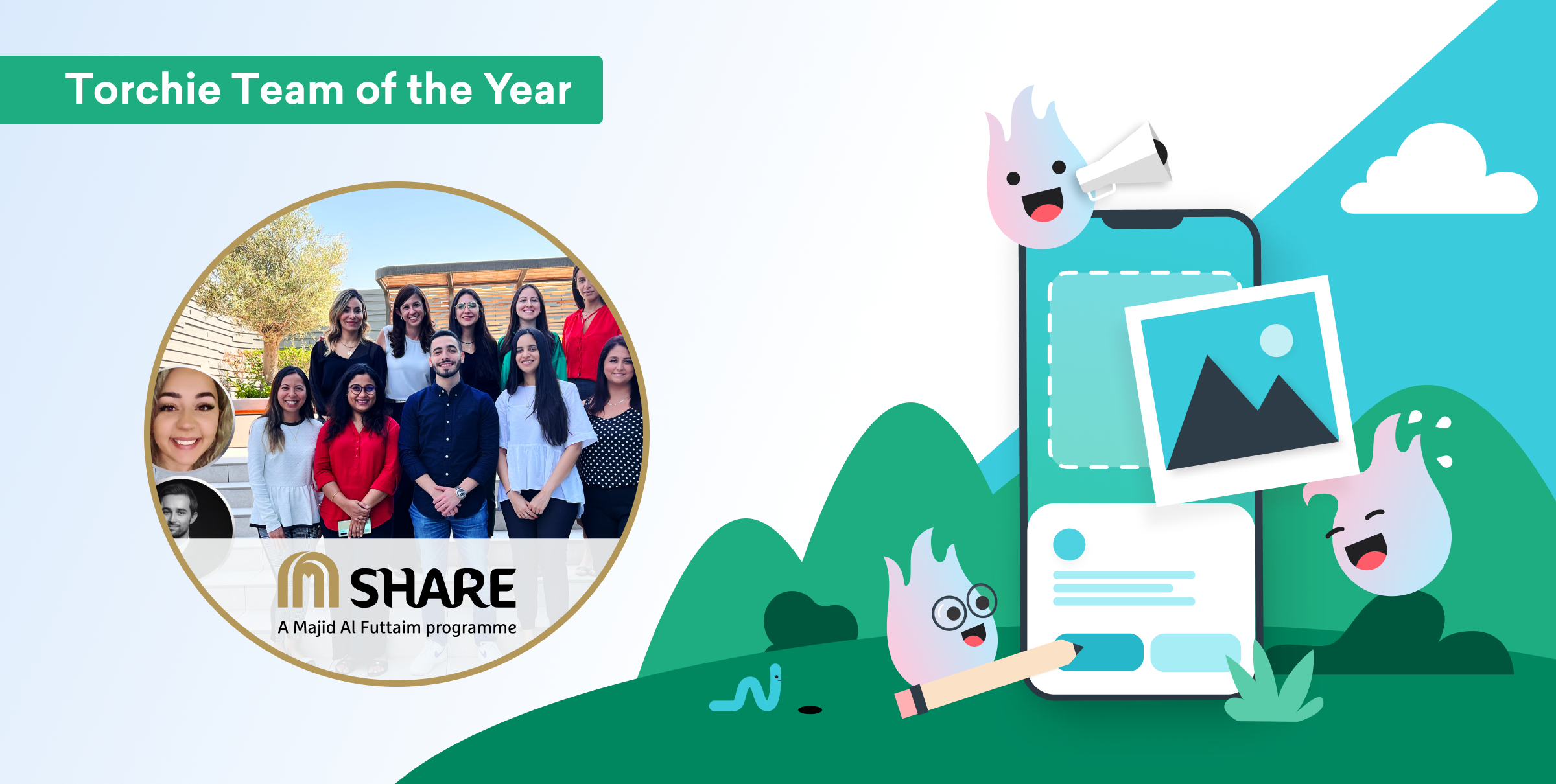 A graphic celebrating the "Torchie Team of the Year" award, featuring a group photo of team members and playful illustrations of a smartphone and speech bubbles.
