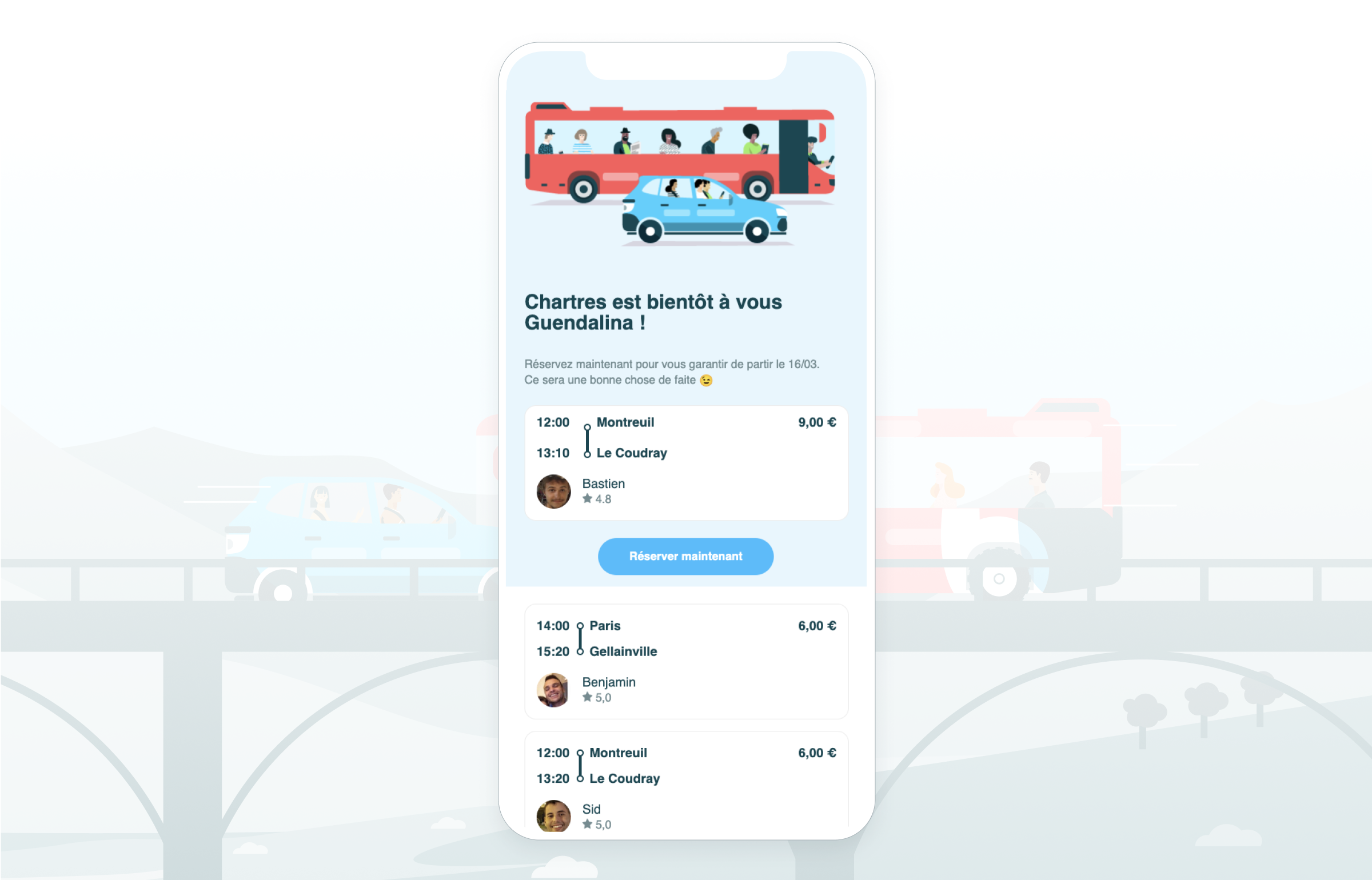 A mobile app interface displaying transportation options with a bus and car icons. The schedule includes departure times and prices for trips from Chartres to various locations.