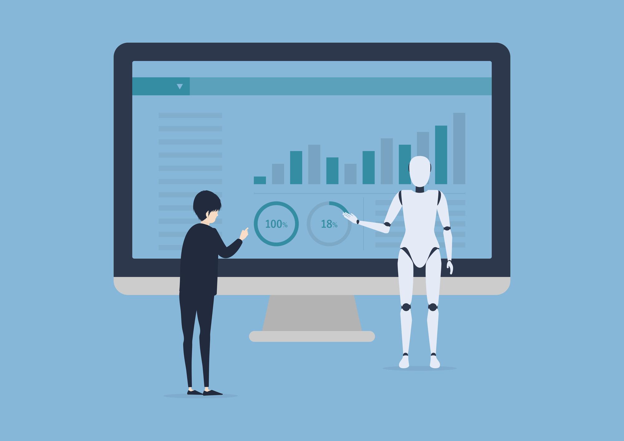 人間とロボットが大きな画面の前でデータを分析しているイラスト。画面にはグラフとパーセンテージが表示されている。