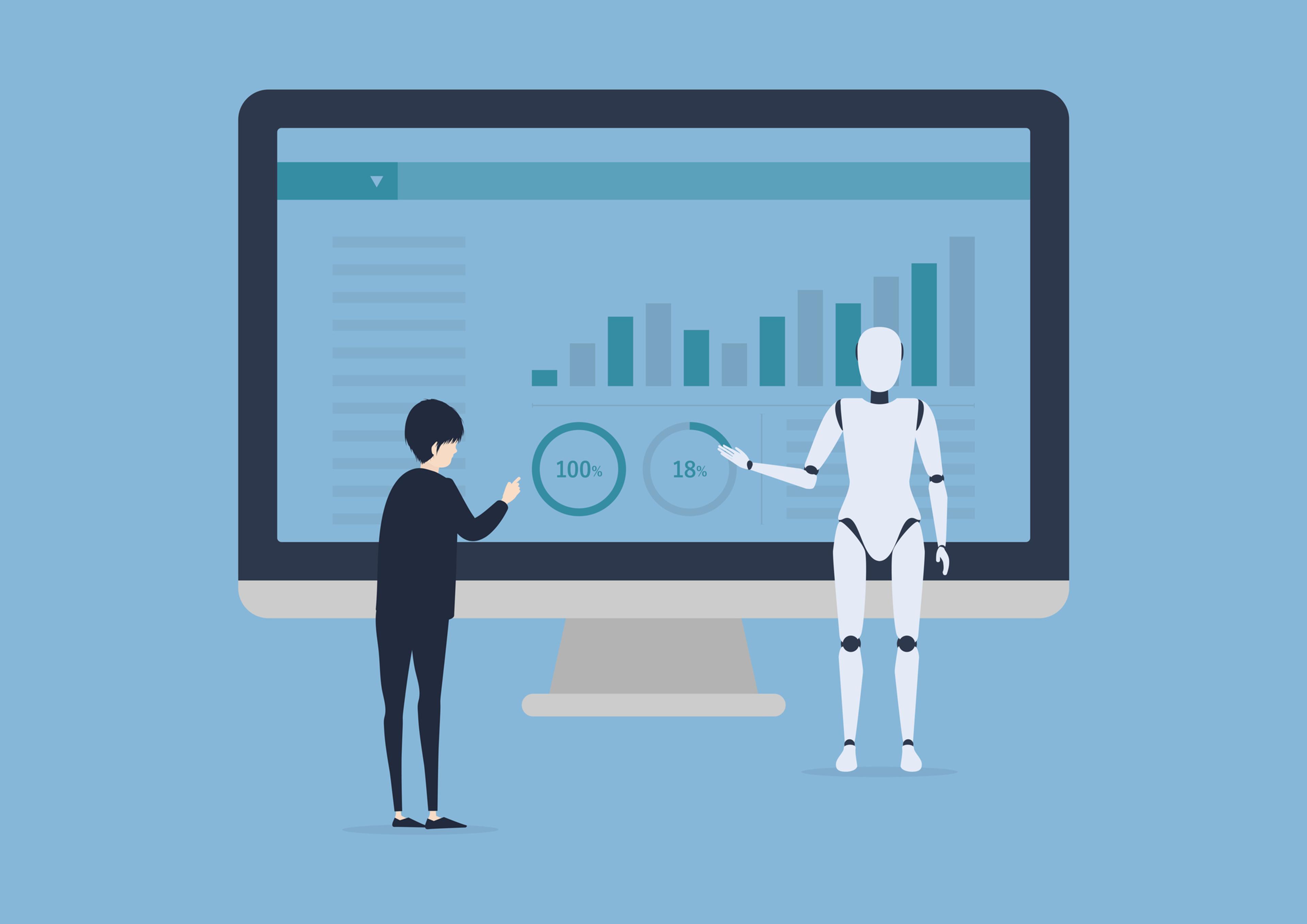 人間とロボットが大きな画面の前でデータを分析しているイラスト。画面にはグラフとパーセンテージが表示されている。