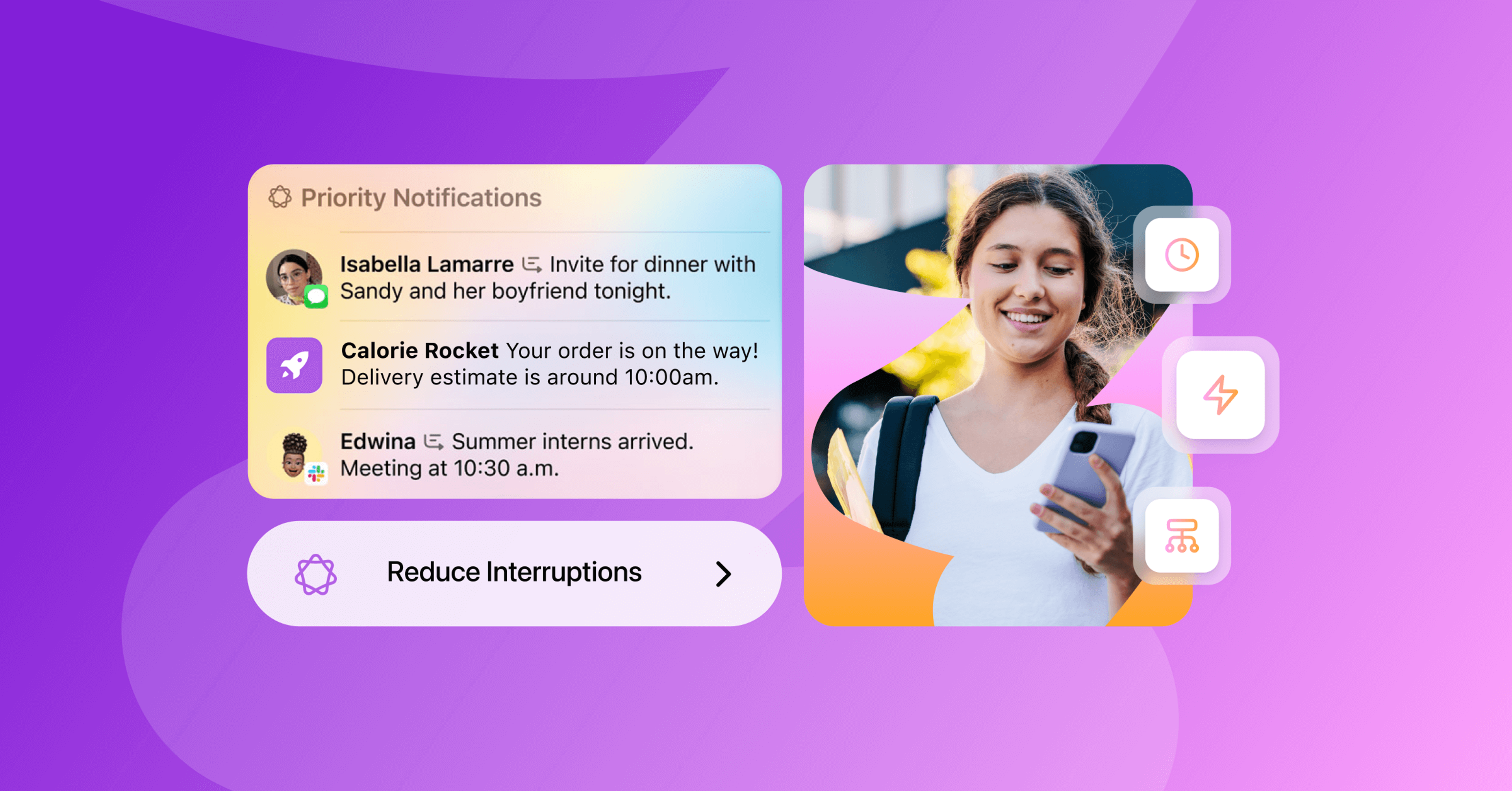 a woman is smiling while looking at her phone with priority notifications at the top