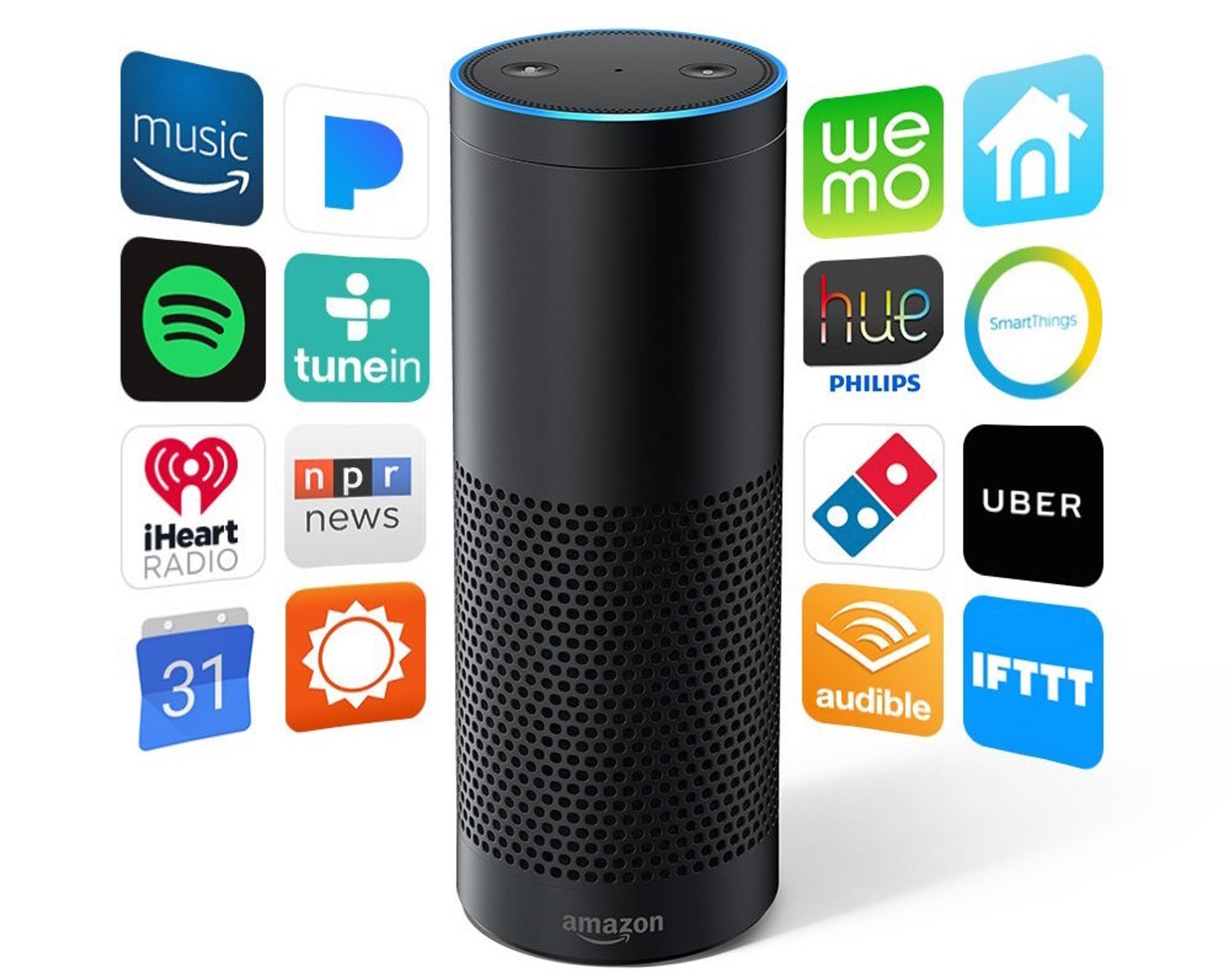 A black smart speaker surrounded by various app icons, including music, smart home, and news services. The speaker features a blue light ring at the top.