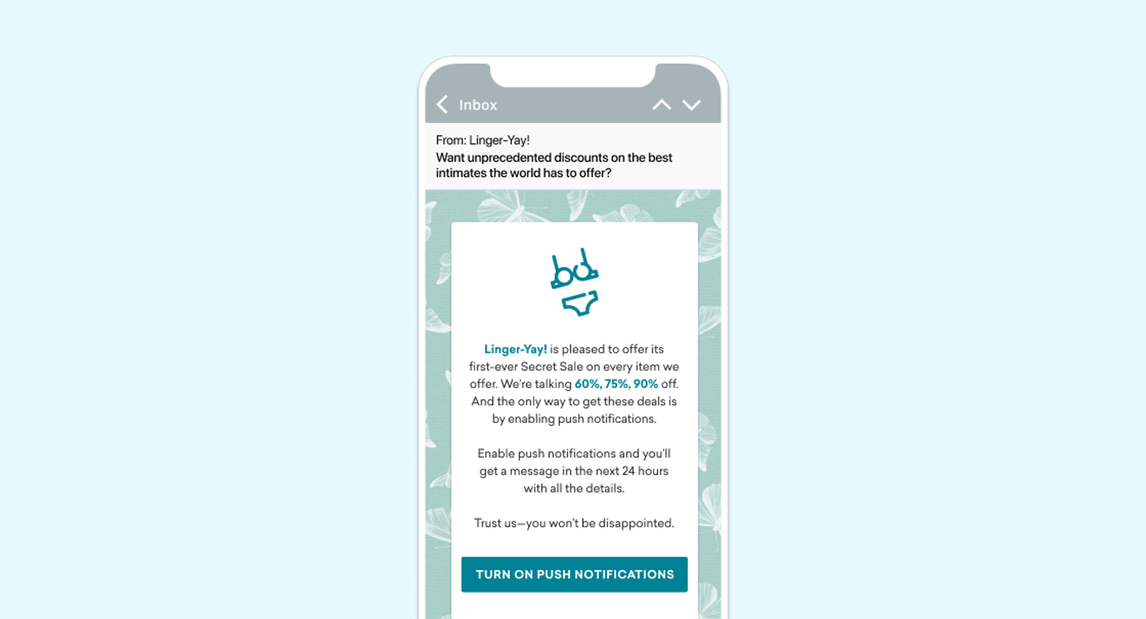 A mobile phone screen displaying an email about exclusive discounts on intimate products, with a call to enable push notifications for updates.