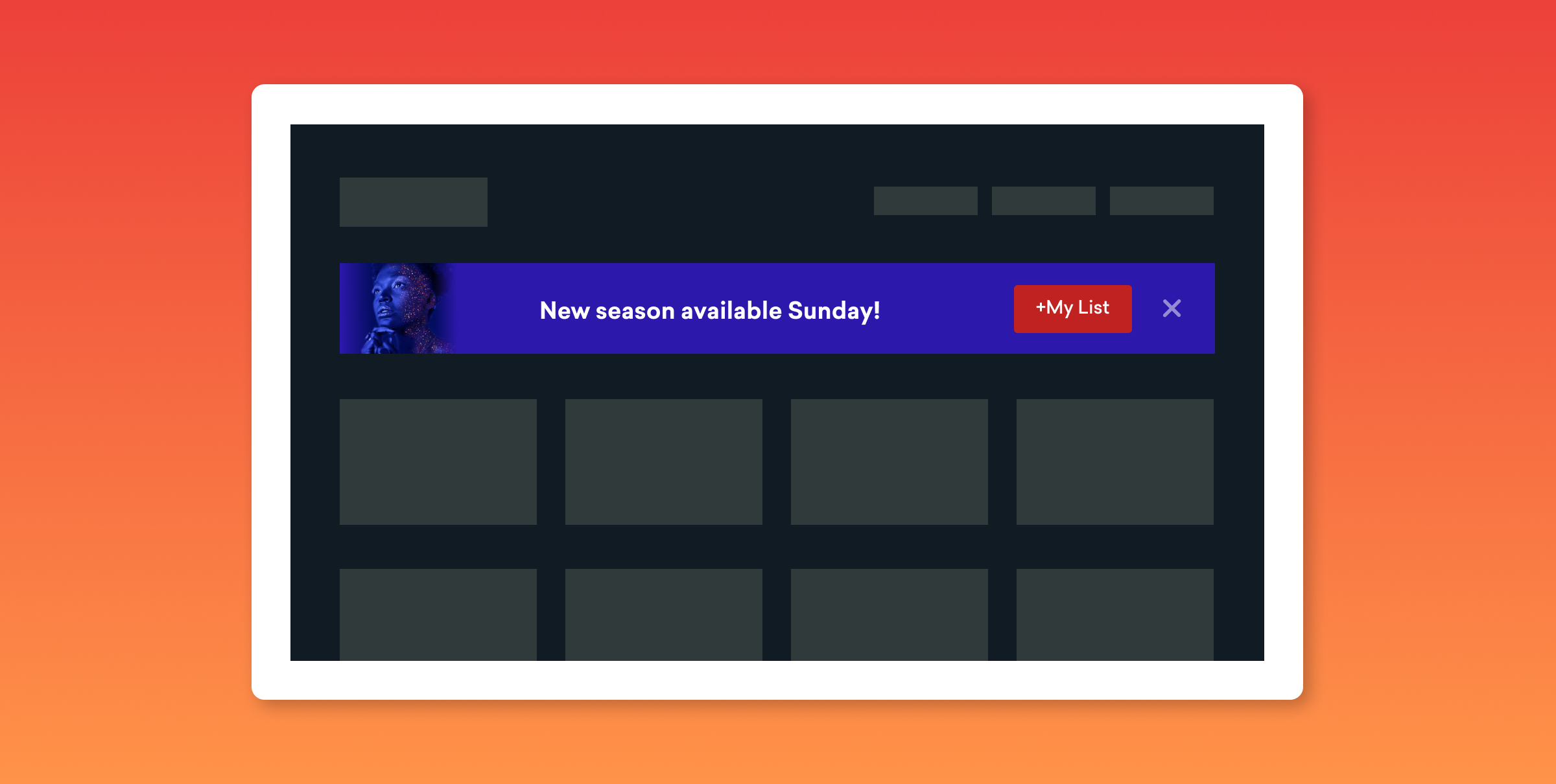 A promotional banner announcing a new season available on Sunday, with a "My List" button. The background features a gradient from red to orange.