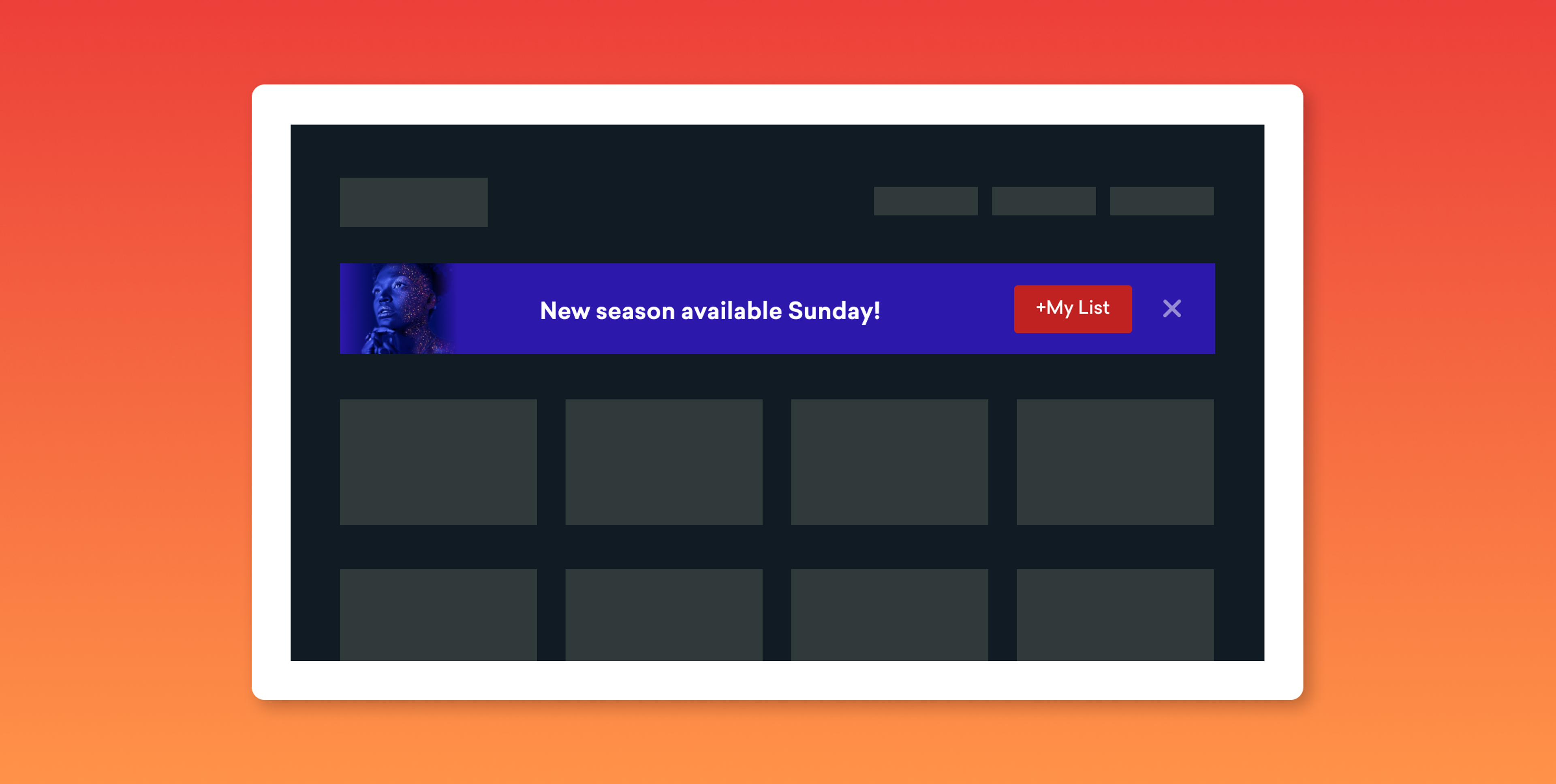 A promotional banner announcing a new season available on Sunday, with a "My List" button. The background features a gradient from red to orange.