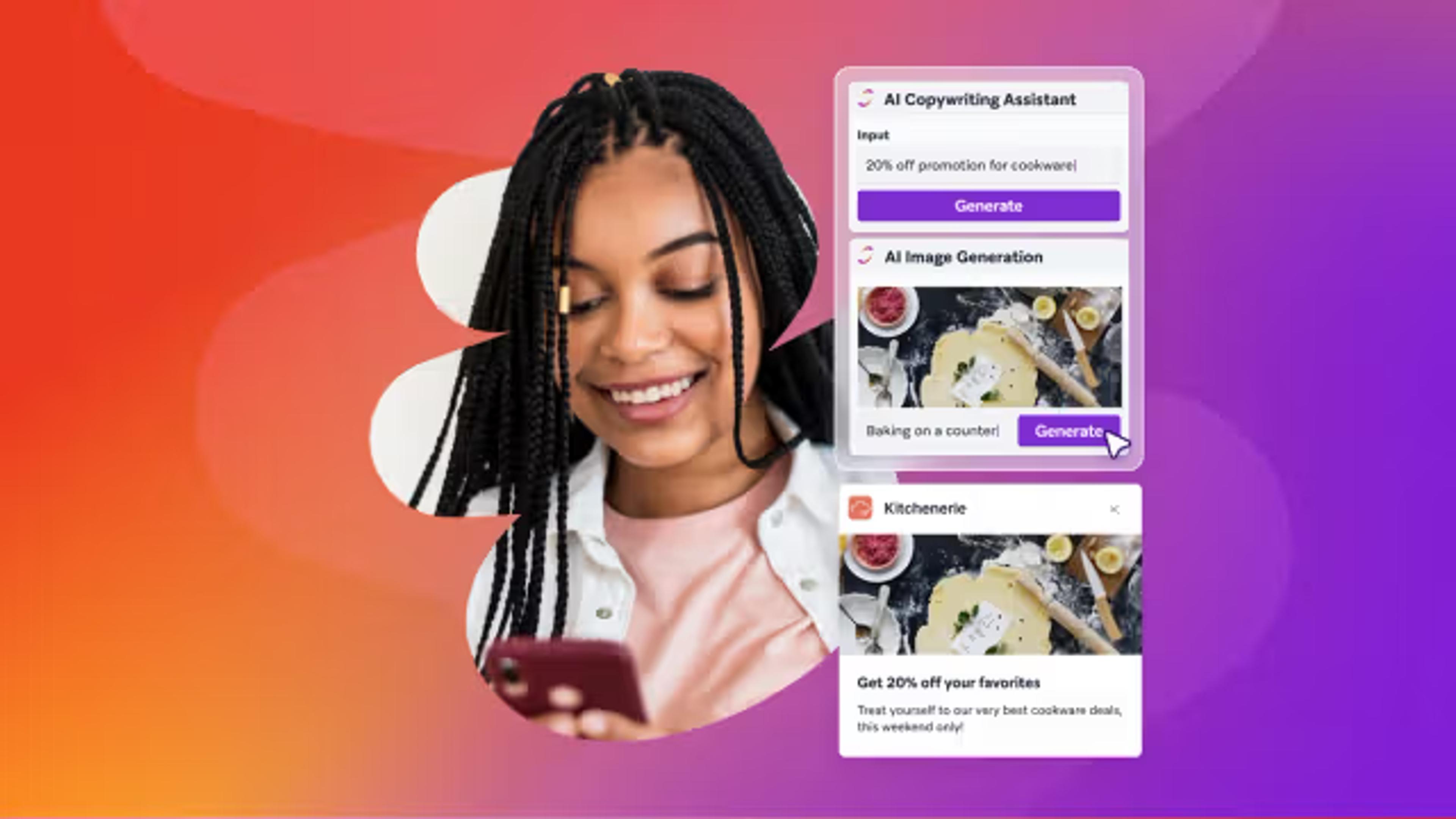 Mujer joven sonriendo mientras mira su teléfono, junto a una interfaz colorida que muestra herramientas de asistente de redacción e imagen con IA sobre un fondo degradado.