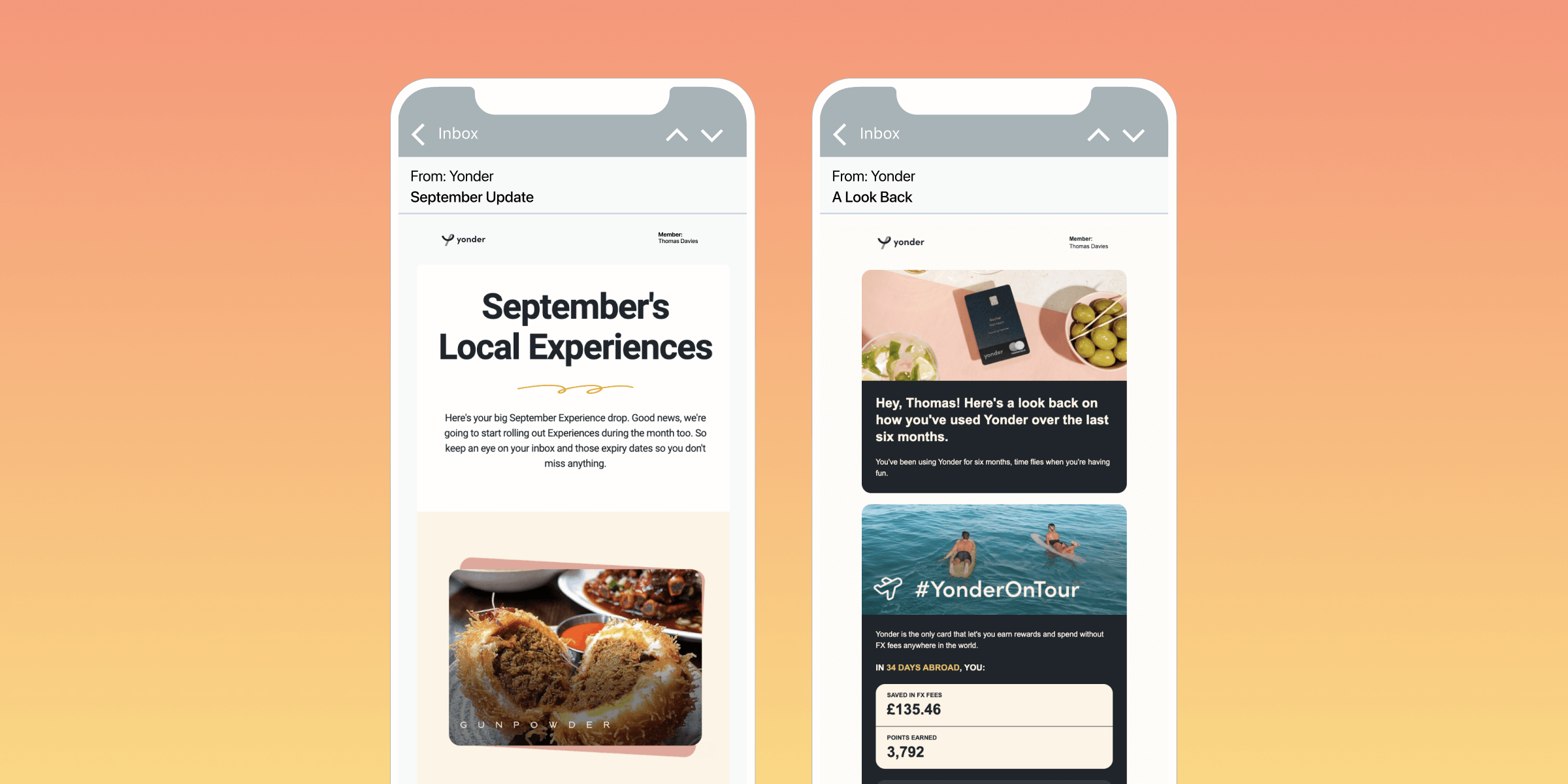 Two smartphone screens displaying an email update from Yonder, featuring a September recap with images of food and a travel-related promotion.