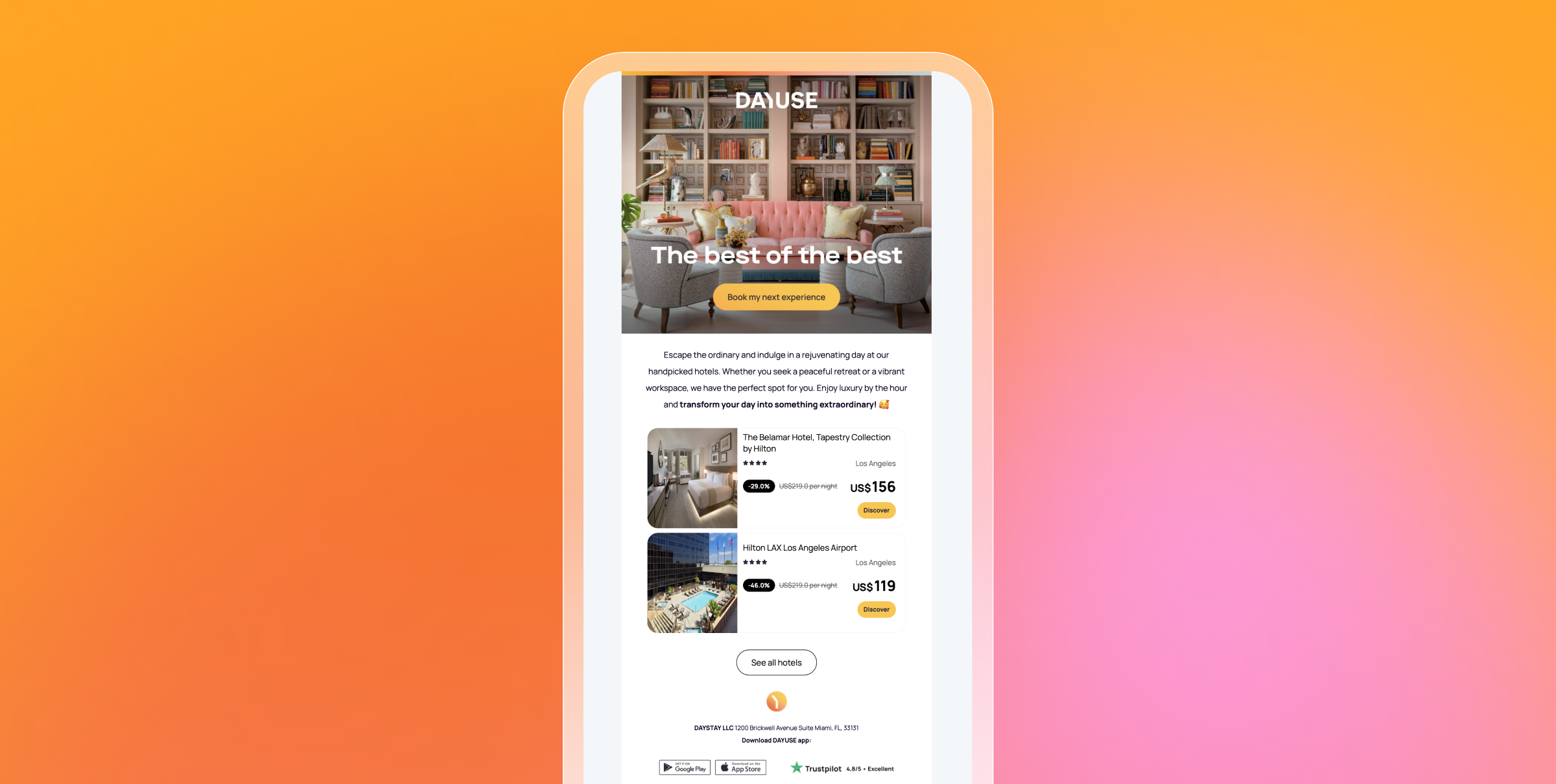 An email from Dayuse showing hotels