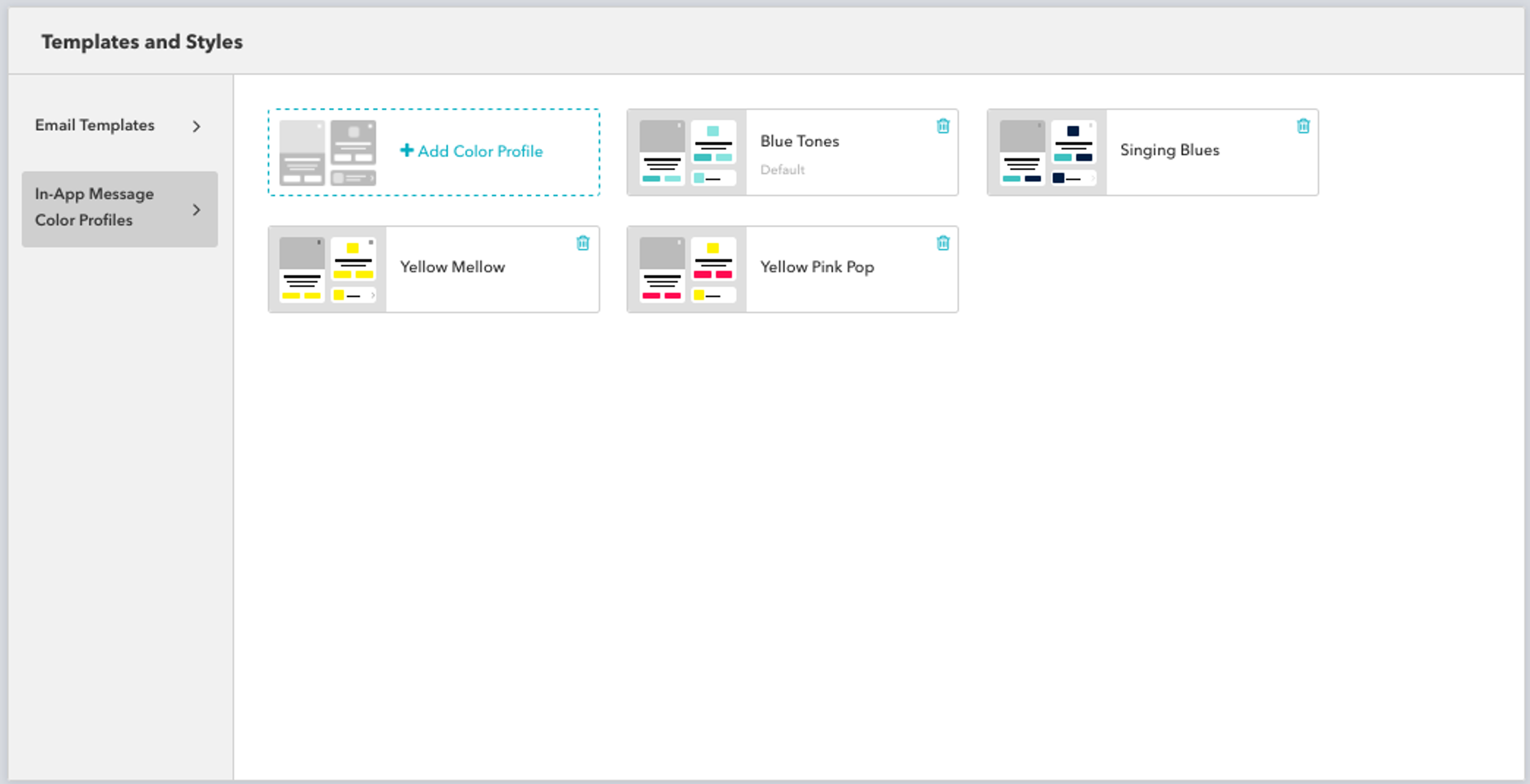 A user interface displaying various color profile templates, including options like "Blue Tones" and "Yellow Pink Pop." An option to add a new color profile is highlighted.