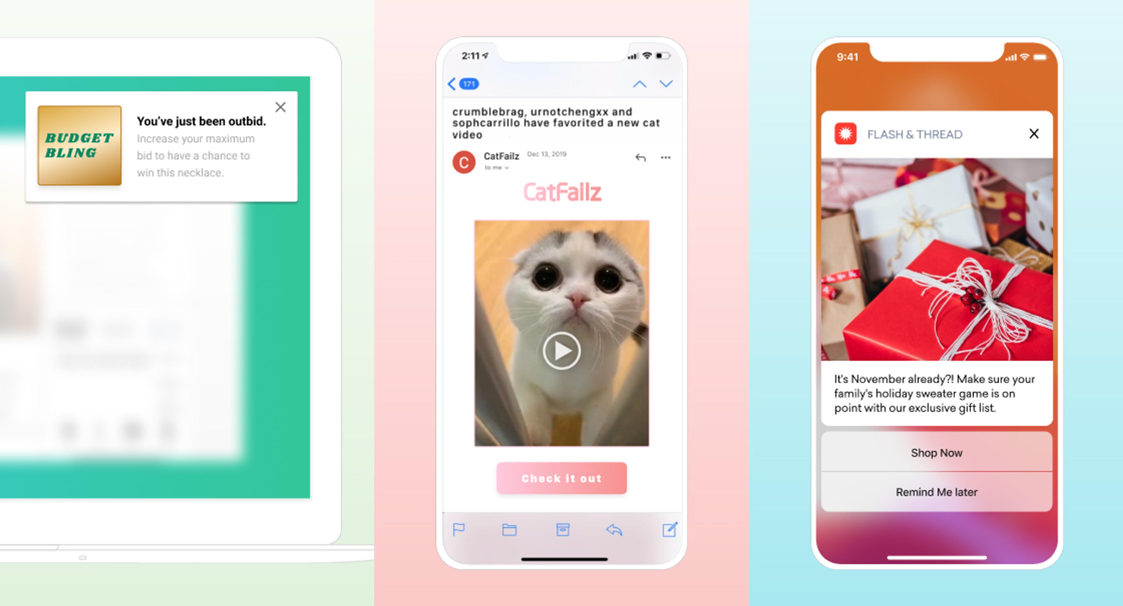 A collage of three smartphone screens displaying different app notifications: one about a jewelry offer, another featuring a cat video, and the last promoting holiday shopping deals.